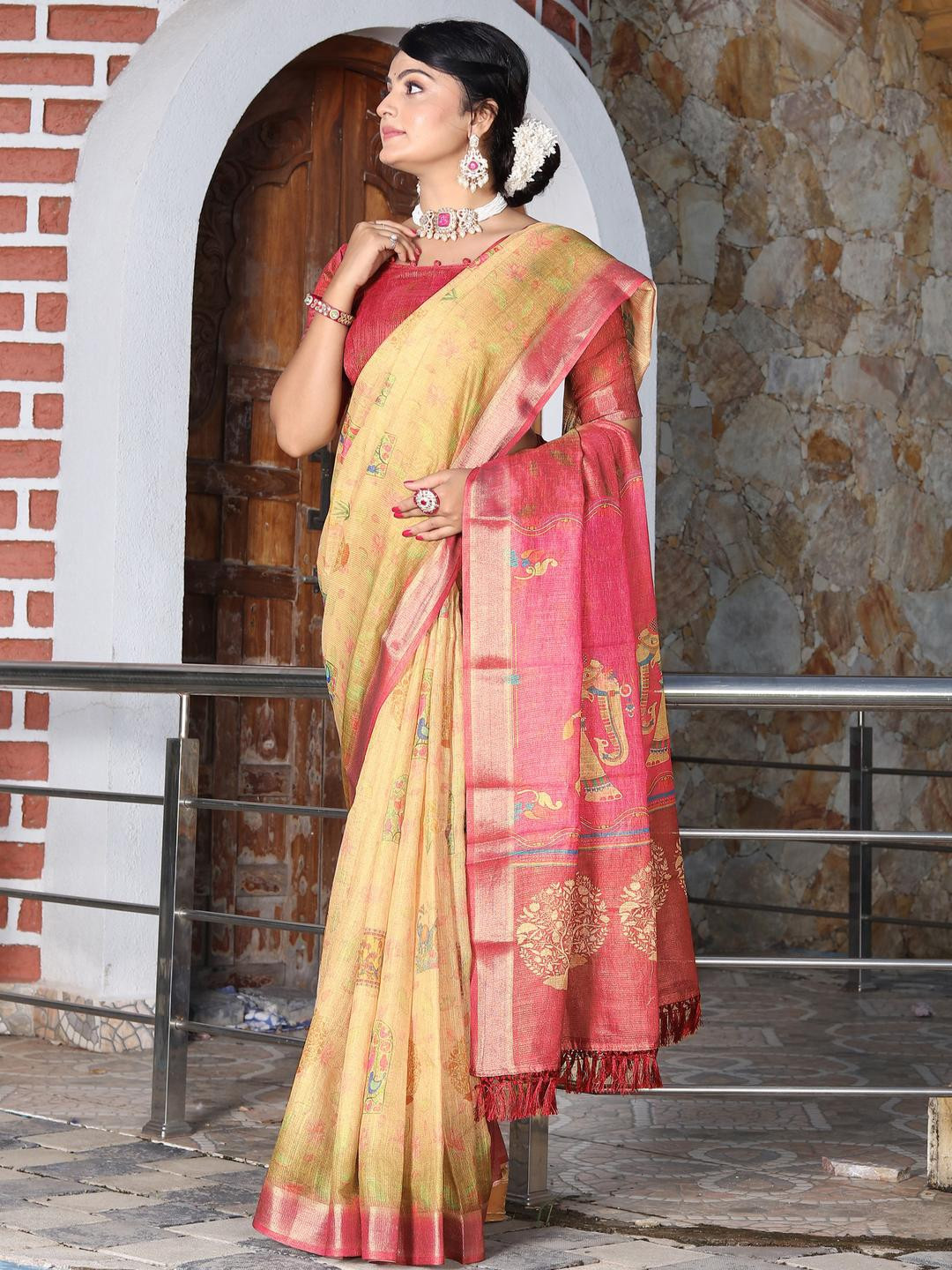 Anouk Mustard Tissue Printed Sarees