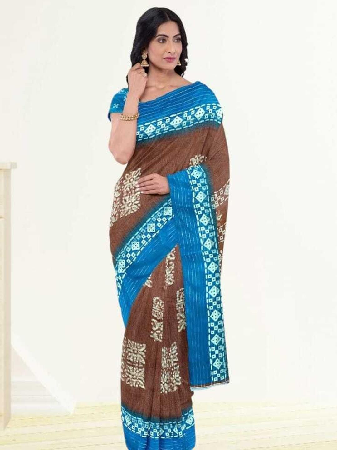 Ruhabs Woven Design Block Print Saree