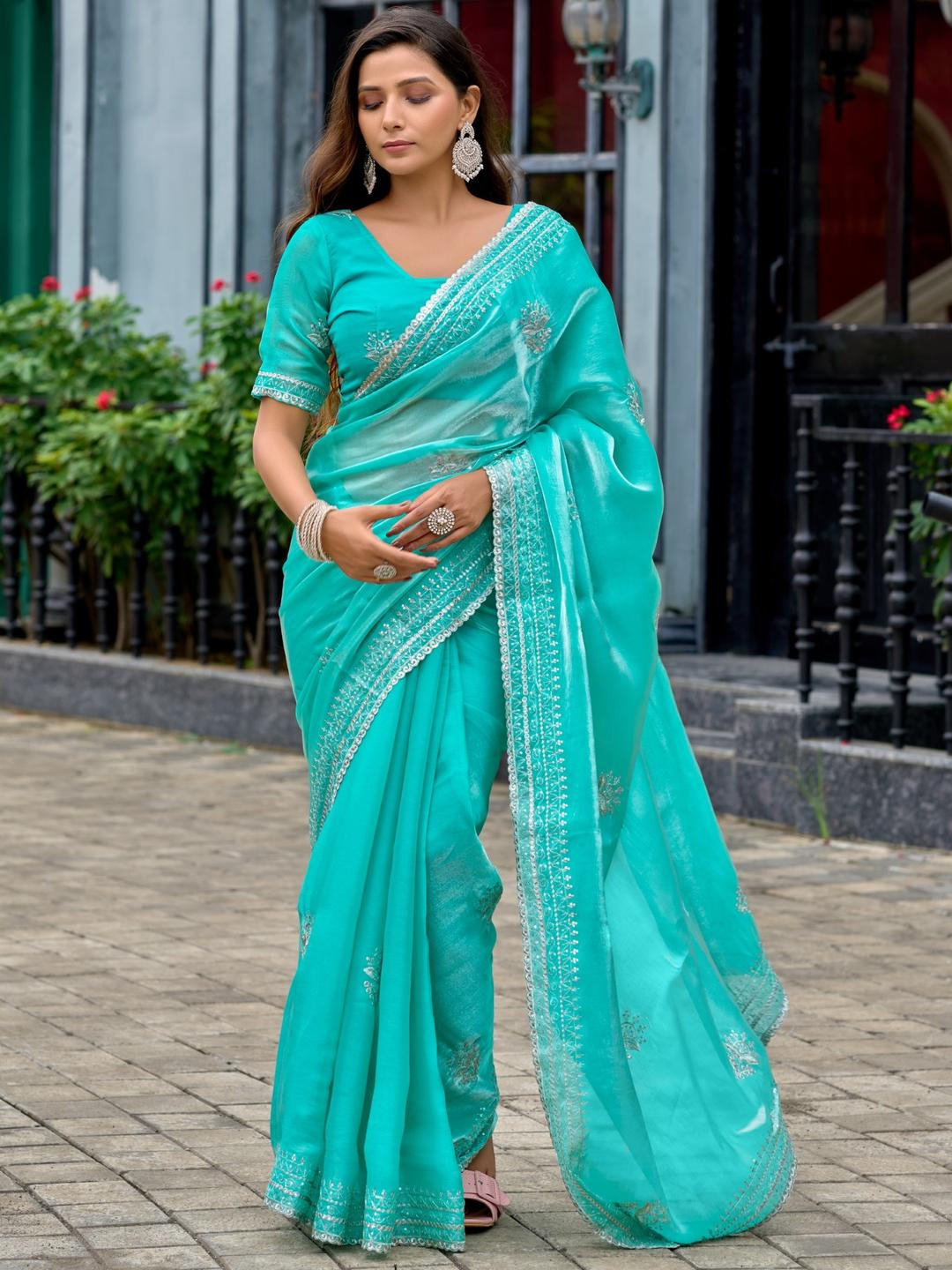 KALINI Sea Green Poly Chiffon Embroidered Sarees