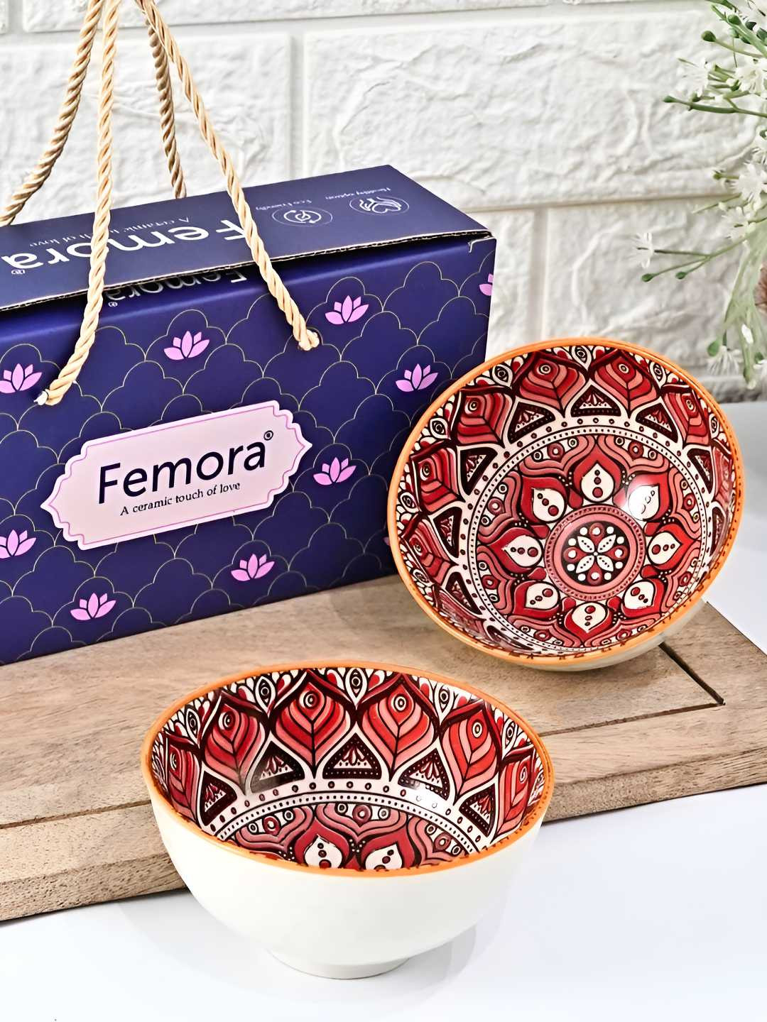 Femora White & Red 2 Pieces Dishwasher And Microwave Safe Serving Bowls