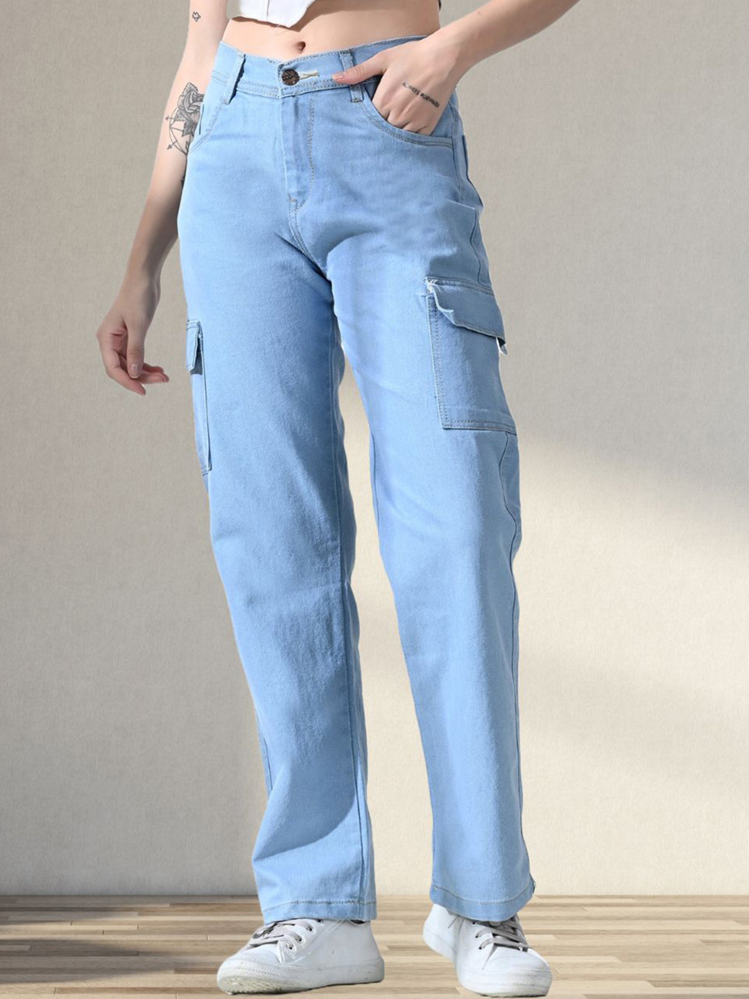 Mevan Women Classic Regular Fit Mid-Rise Stretchable Cargo Jeans