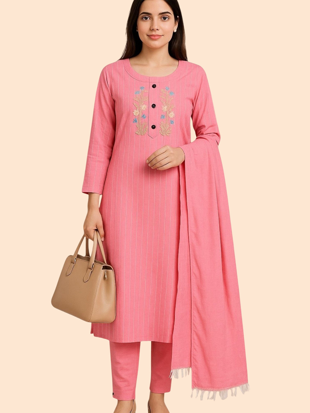 Fashion Club Collection Women Striped Embroidered Kurta with Trousers & With Dupatta