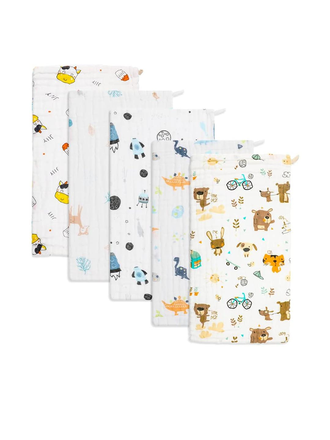 Teri Beri White 5 Pieces Printed Organic Cotton Face Towels