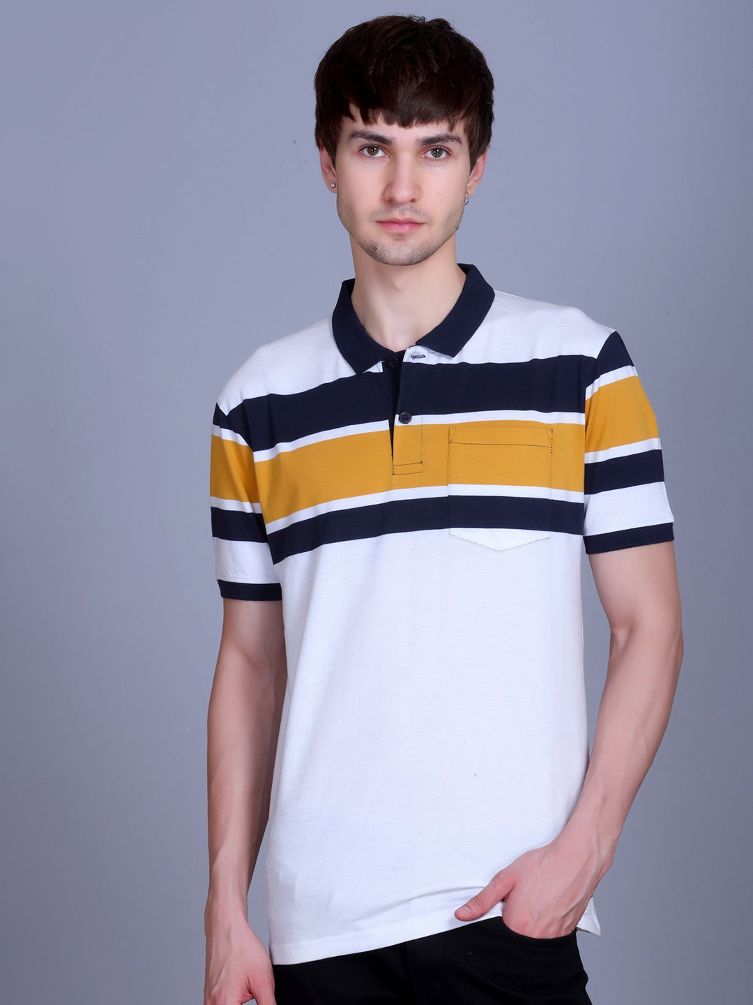 HARBOR N BAY Striped & Colour Blocked Polo Collar Short Sleeves Pocket T-shirt