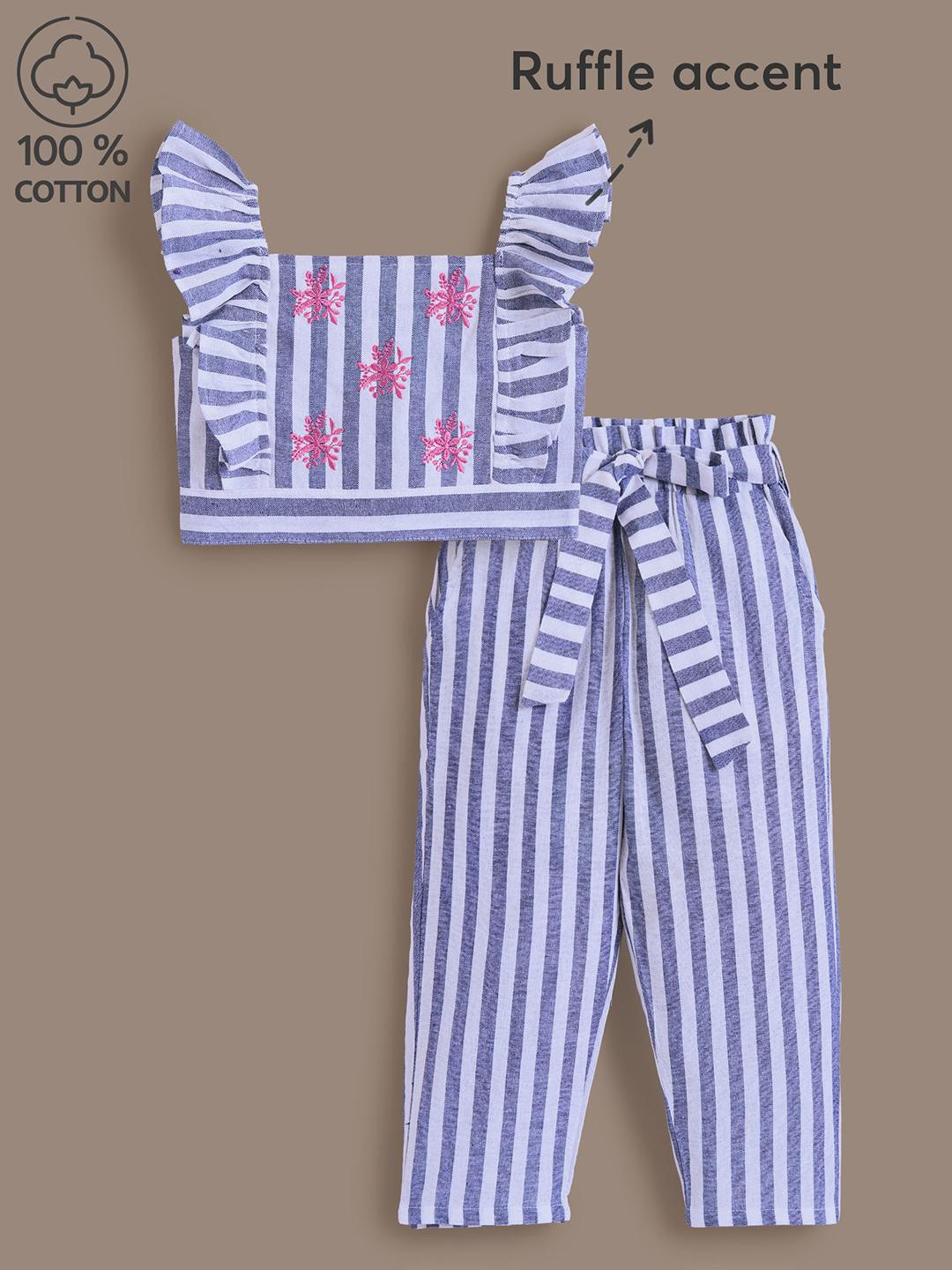 2-Pc Embroidered Stripe Cotton Pants Set