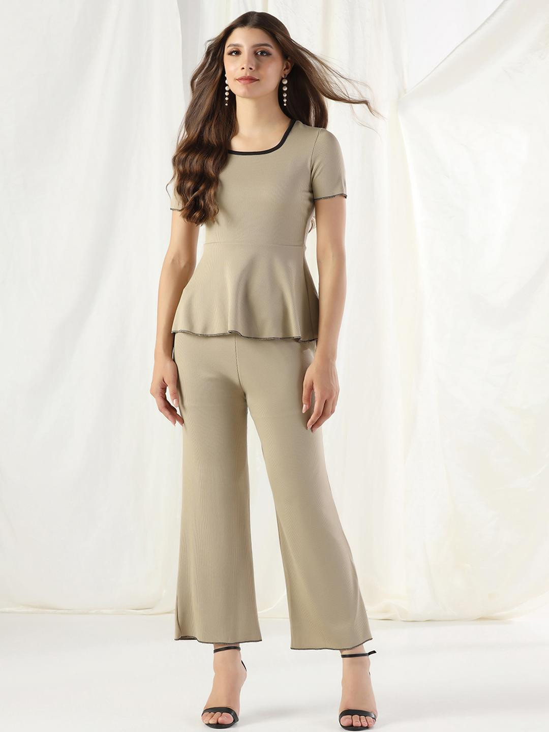 SZN Women Casual Beige Solid Peplum Top and Trouser Co-ord Set