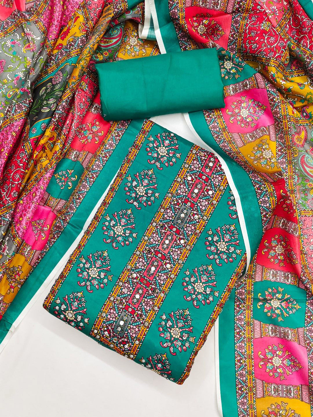 Nayanthara Trends Floral Printed Mirror Work Unstitched Dress Material