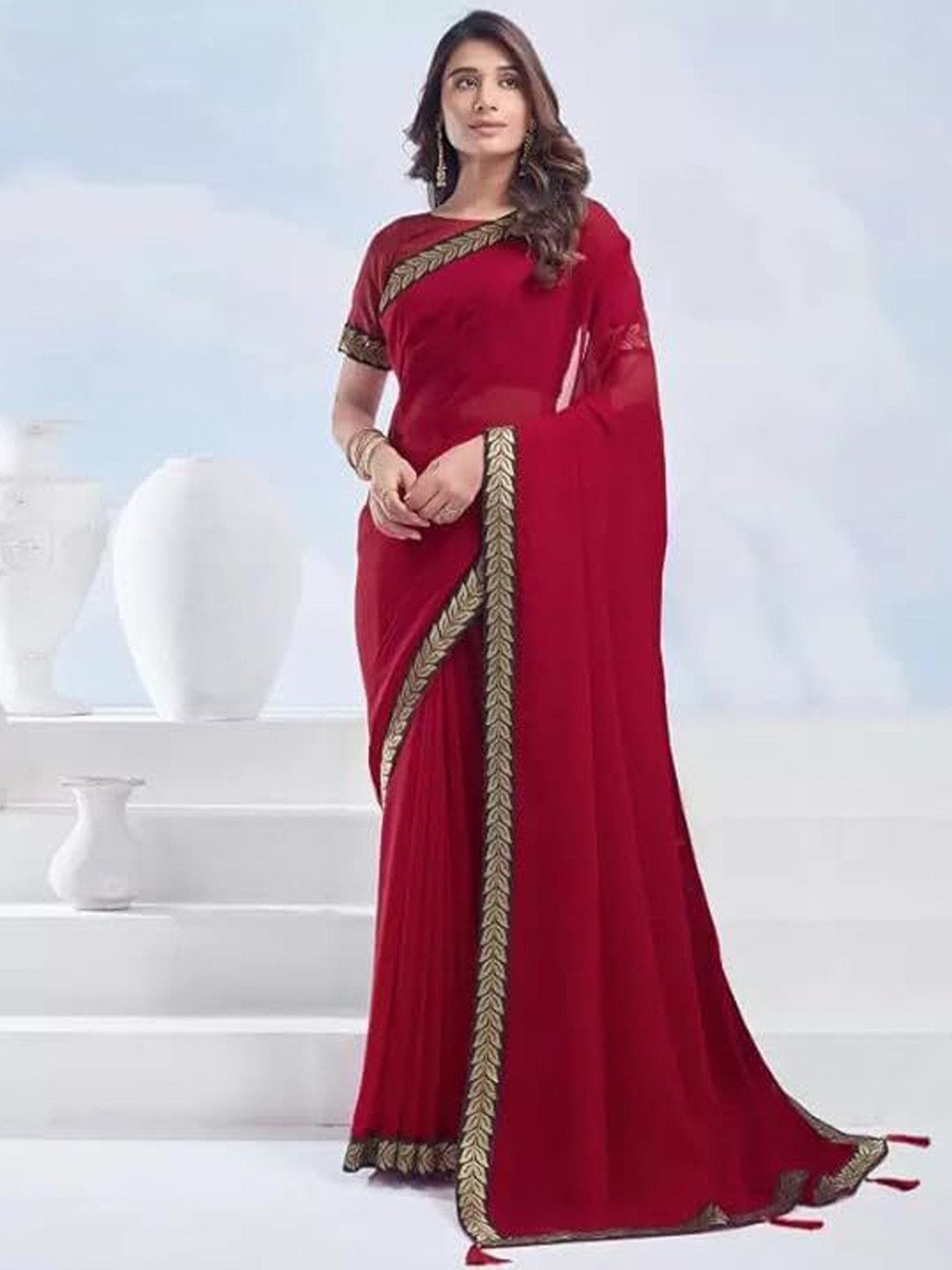 THE FASHION ATTIRE Red Embellished Bollywood Georgette Saree