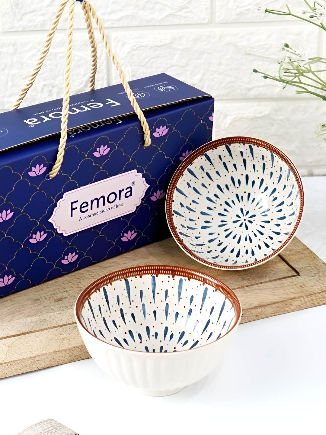 Femora White & Blue 2 Pieces Printed Procelain Glossy Bowls