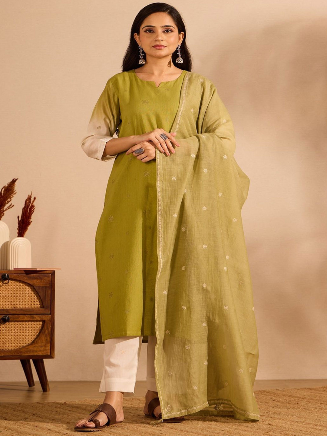 PTRAANI Women Ethnic Motifs Regular Pure Cotton Kurta with Trousers & Dupatta