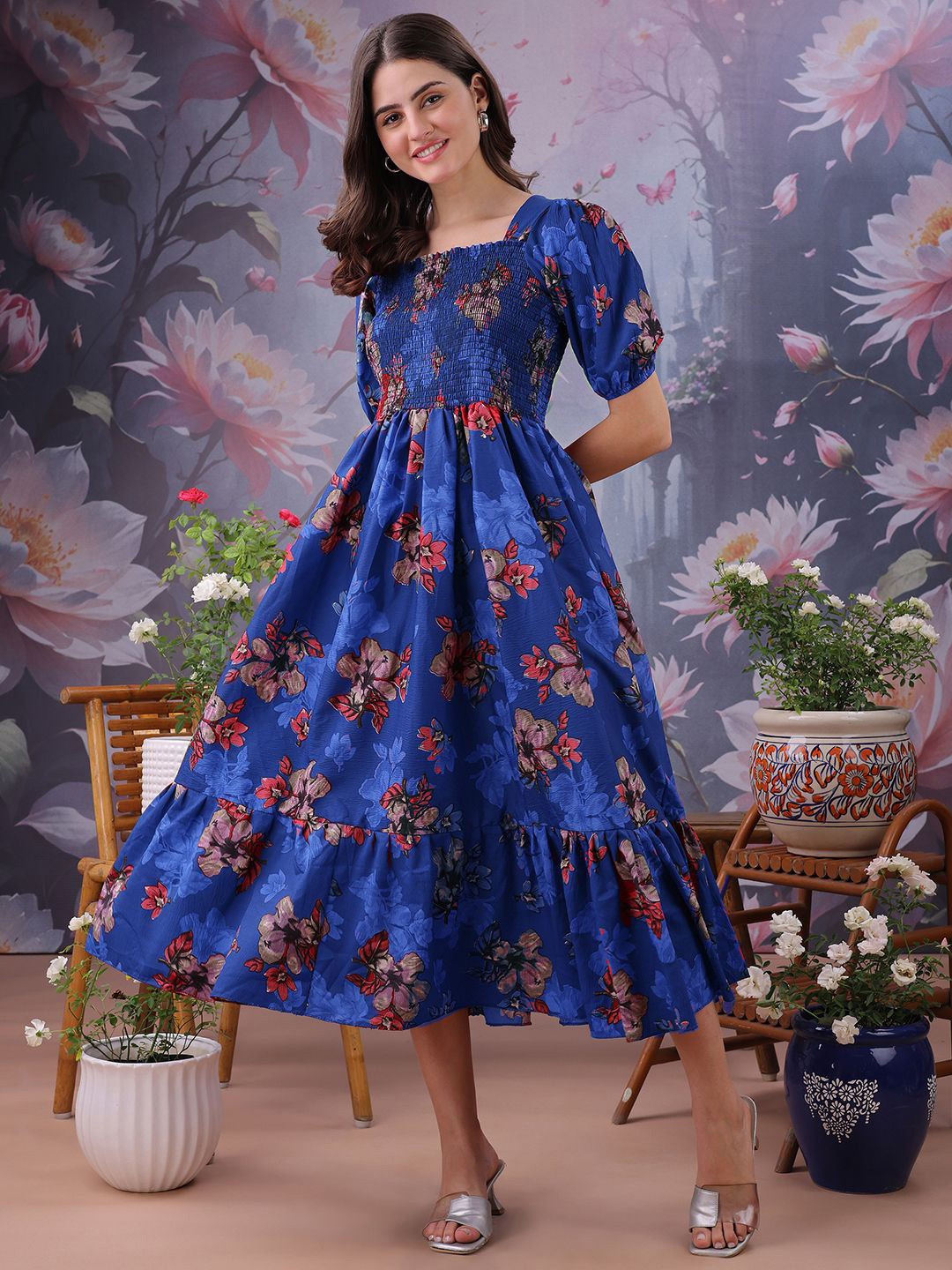Pinly Women Floral Printed Square Neck Puff Sleeves Smocked Fit & Flare Midi Dress