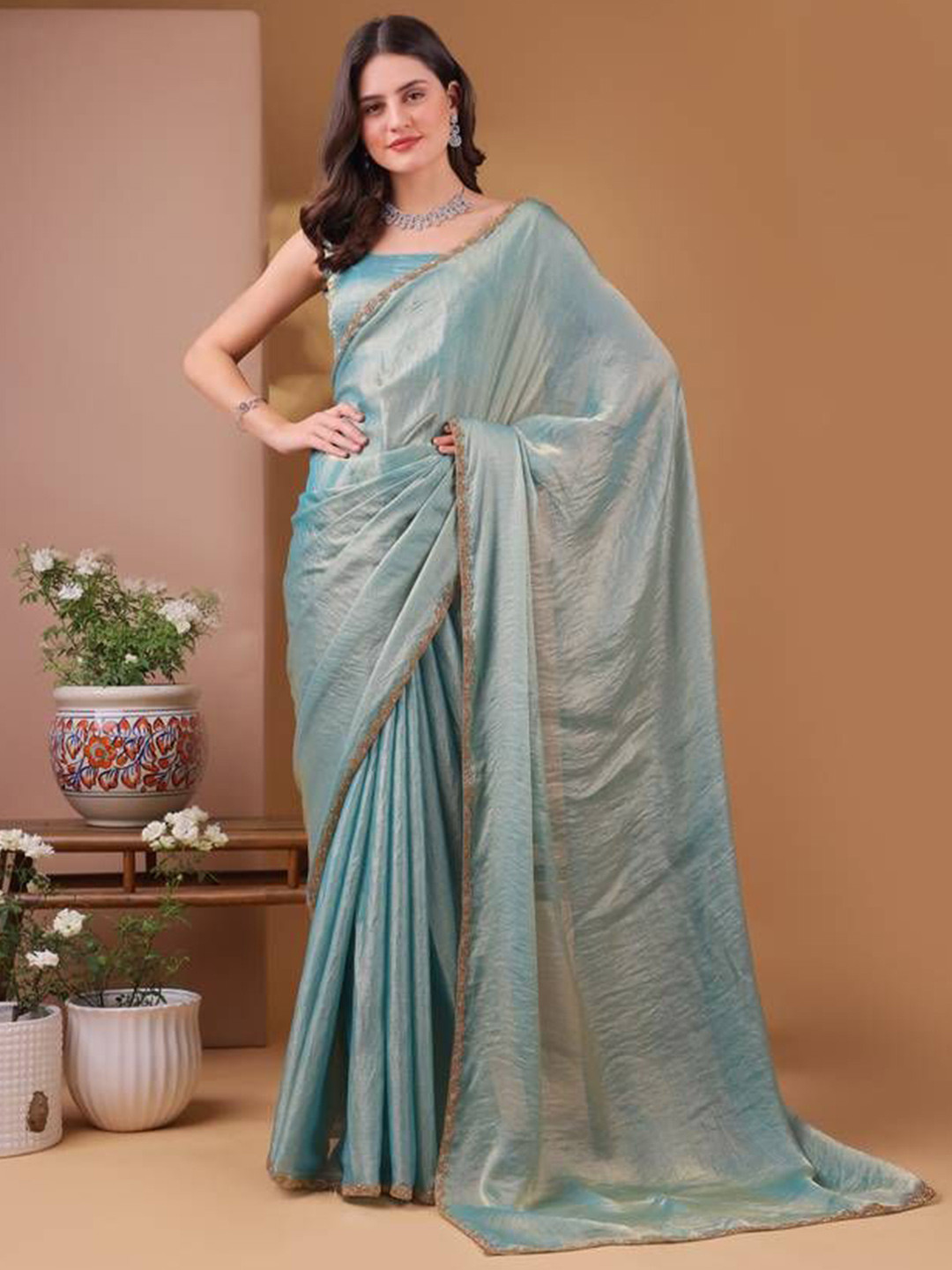 GHAN SALS Embellished Border Beads and Stones Silk Blend Saree