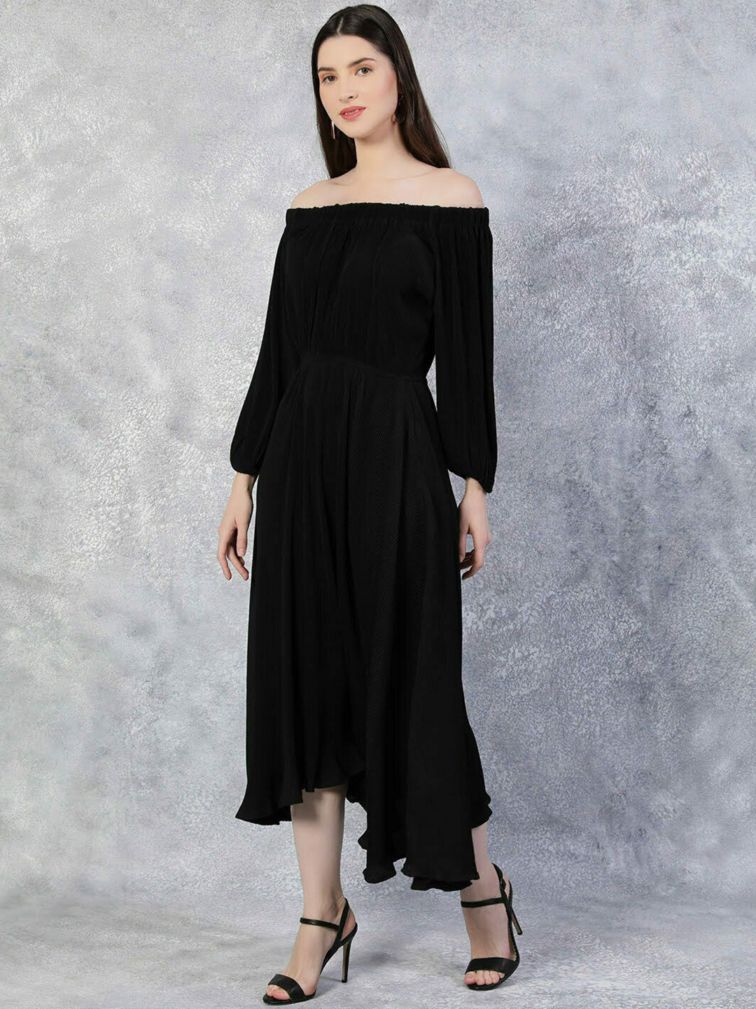 ZIVRA Women Self Design Off-Shoulder Georgette Fit & Flare Midi Dress