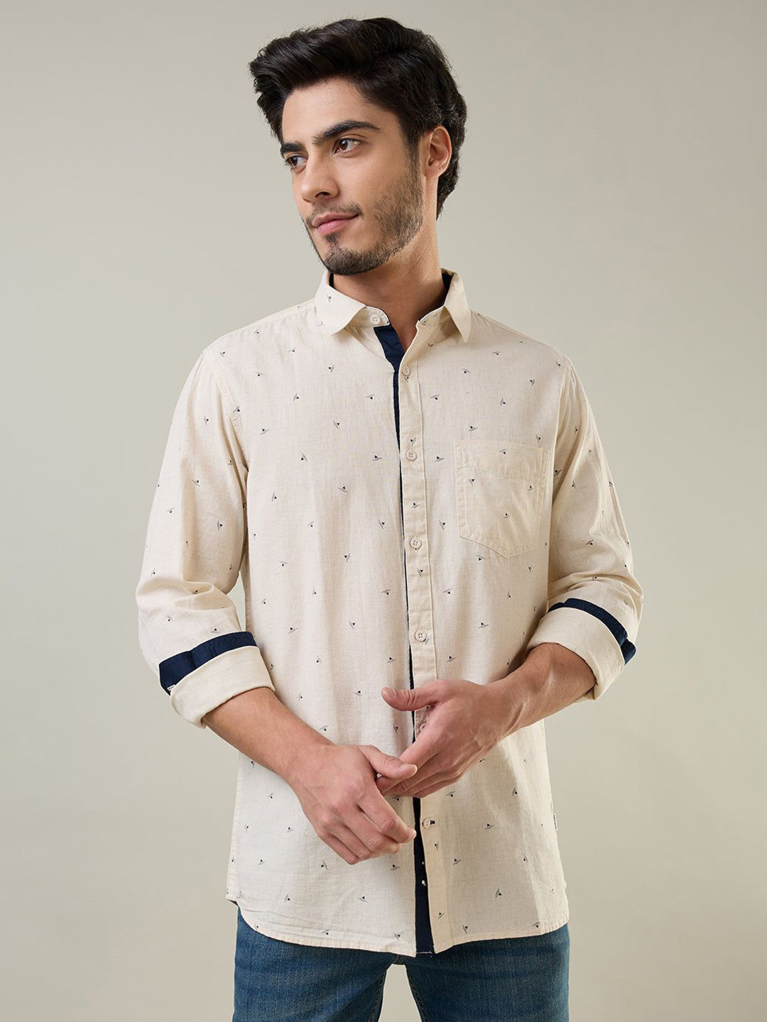 TIM PARIS Standard Conversational Printed Spread Collar Roll-Up Sleeves Cotton Shirt