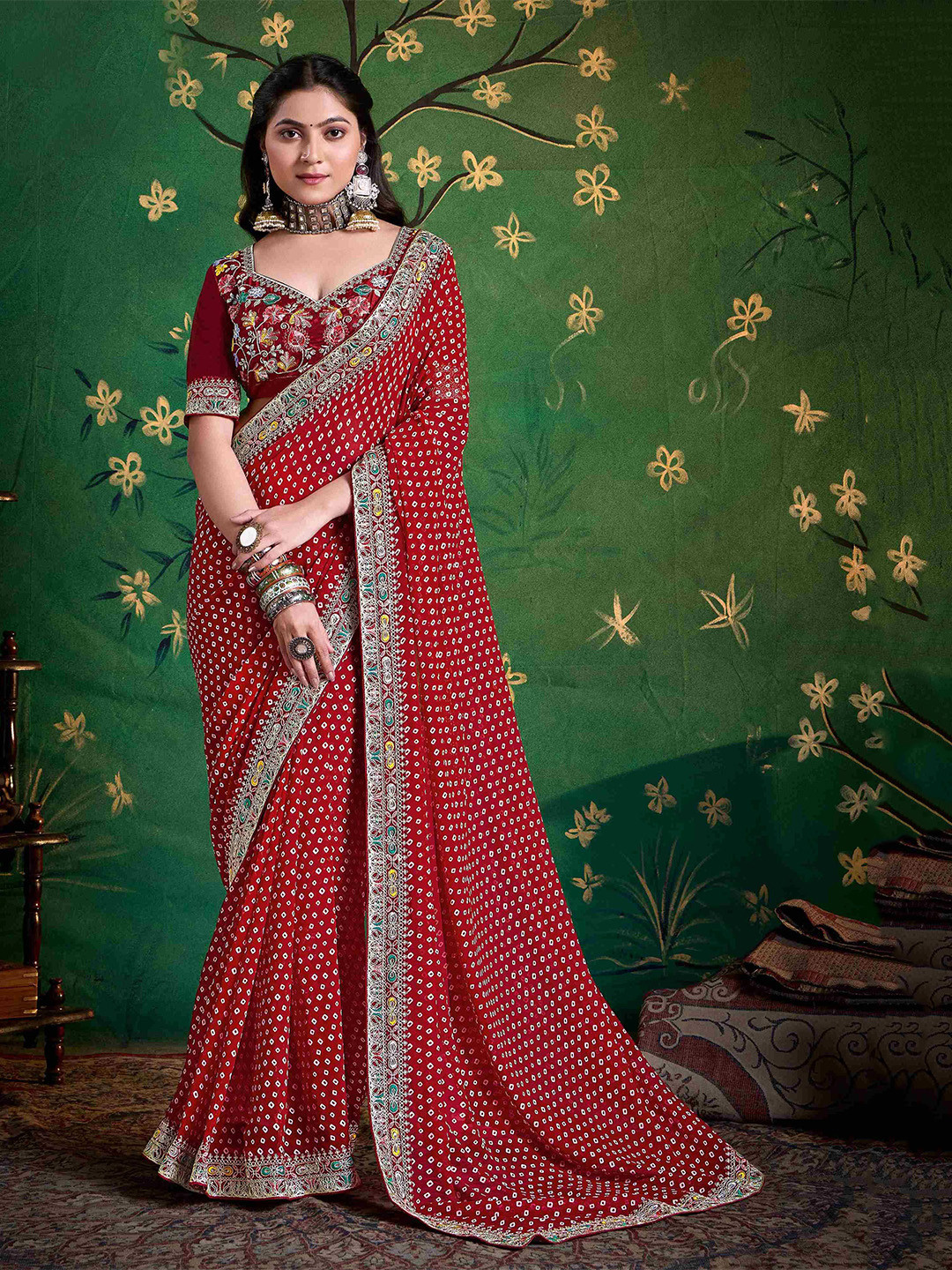 TIRA Bandhani Printed Zardosi Embroidery Saree