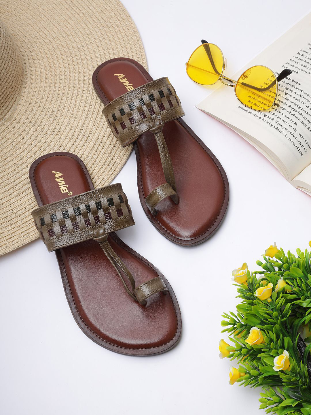 AIWIE Women Braided Textured Woven Strap Design One Toe Flats