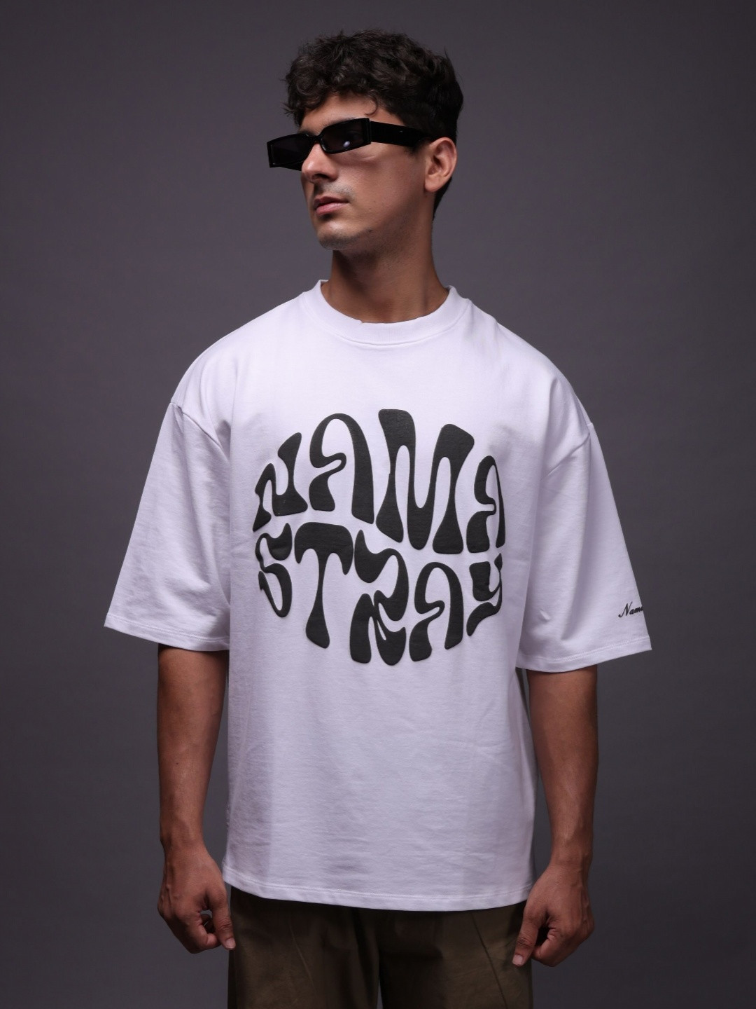 NAMASTRAY Typography Printed Drop-Shoulder Sleeves Oversized Pure Cotton T-shirt