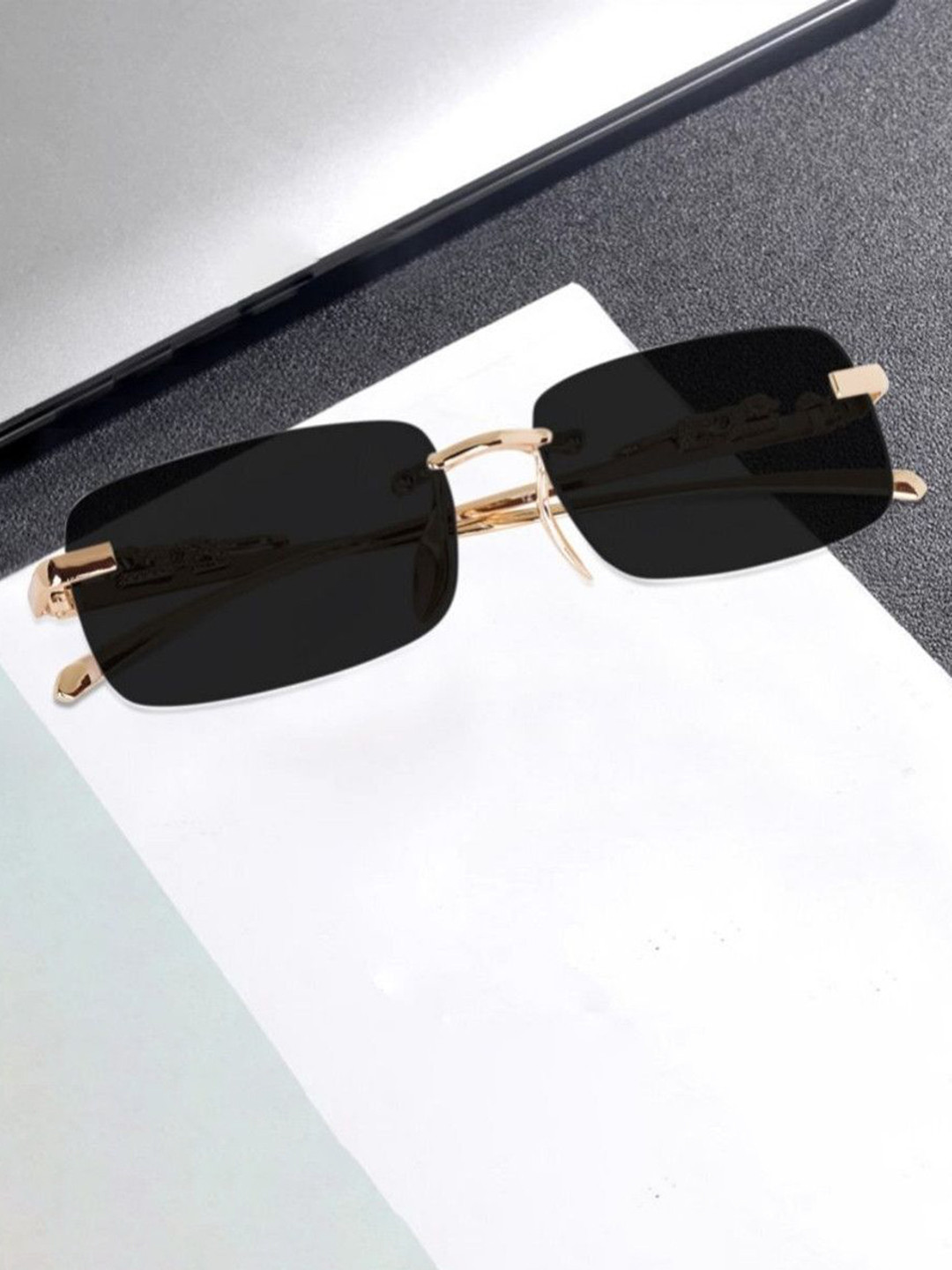 SPADEACES Unisex Rectangle Sunglasses with UV Protected Lens kARAN GOLD BLACK -10