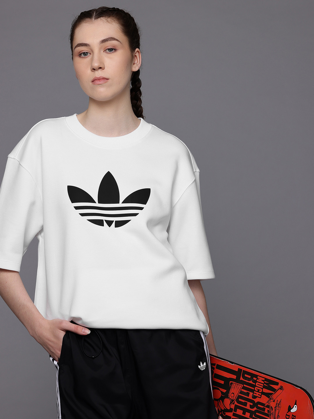 ADIDAS Originals Brand Logo Print Drop-Sleeves SPACER TRF Oversized Longline T-shirt