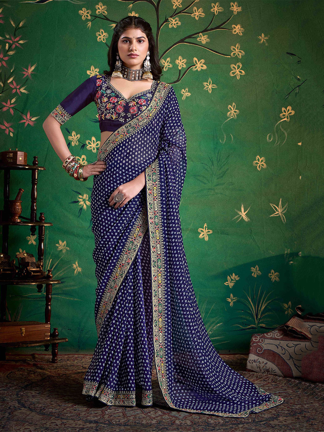 TIRA Bandhani Printed Zardosi Embroidery Saree