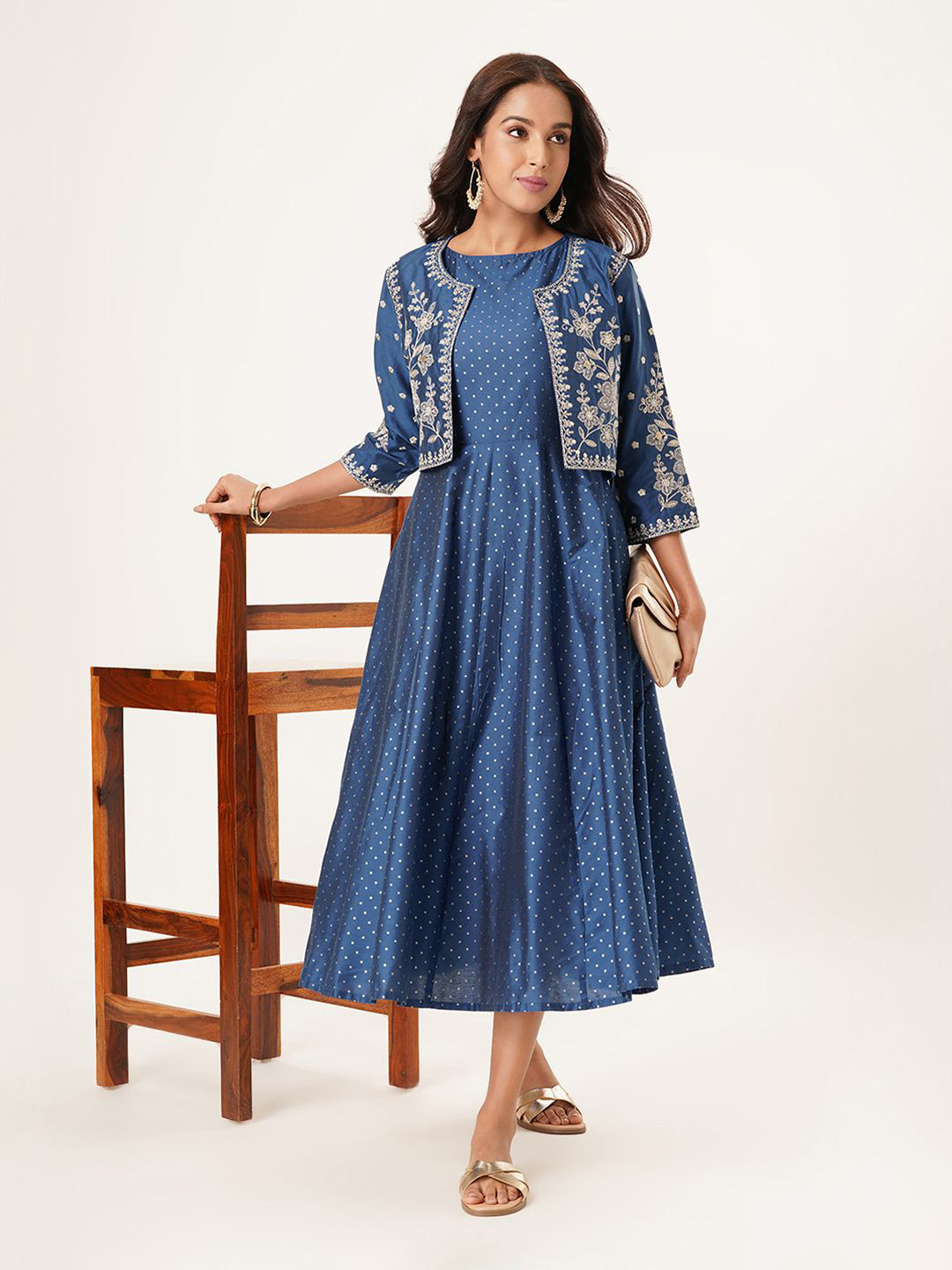 RANGMANCH BY PANTALOONS Women Printed Fit-Flare Midi Dress with Jacket