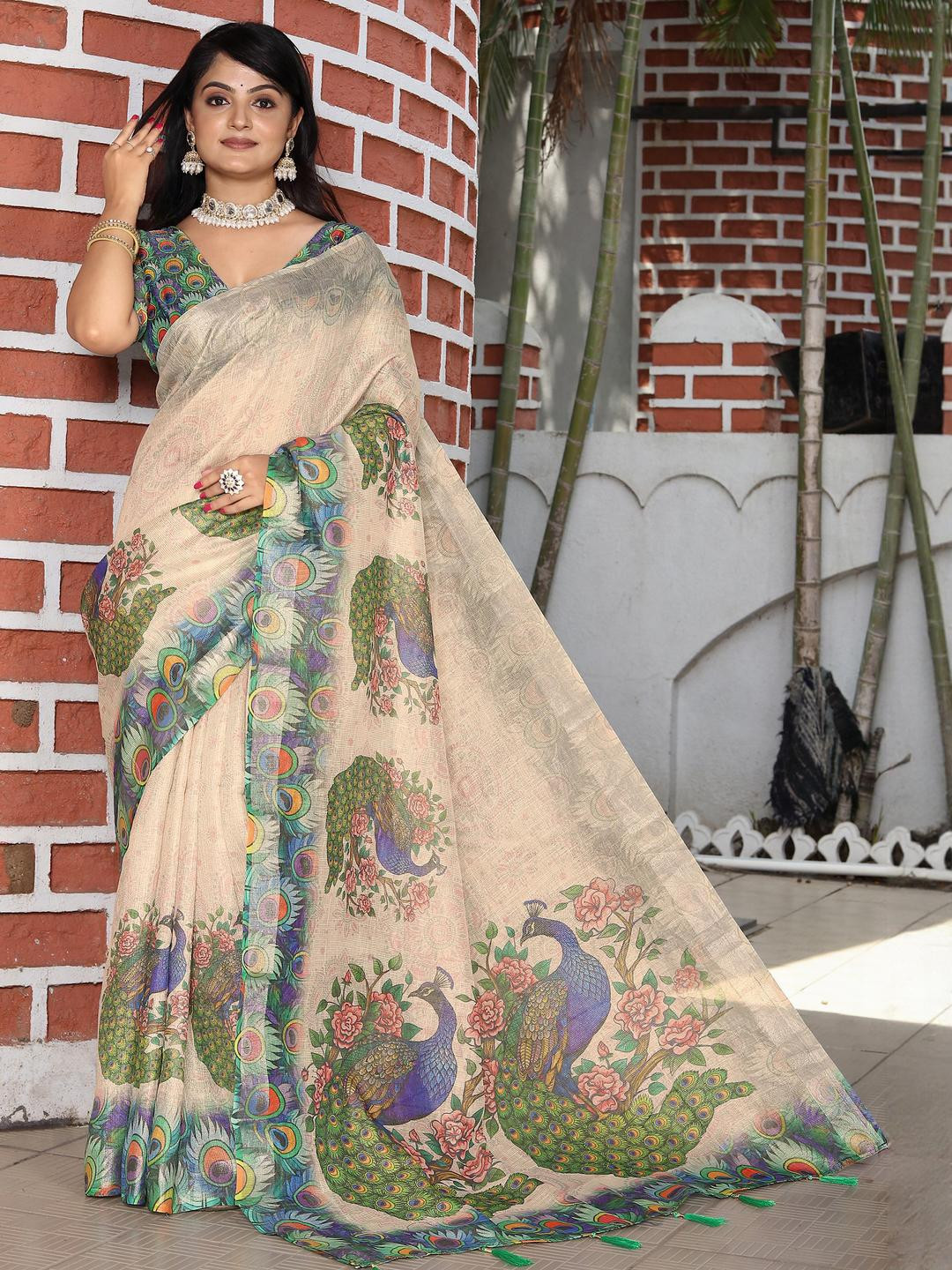 Anouk Tan Tissue Printed Sarees