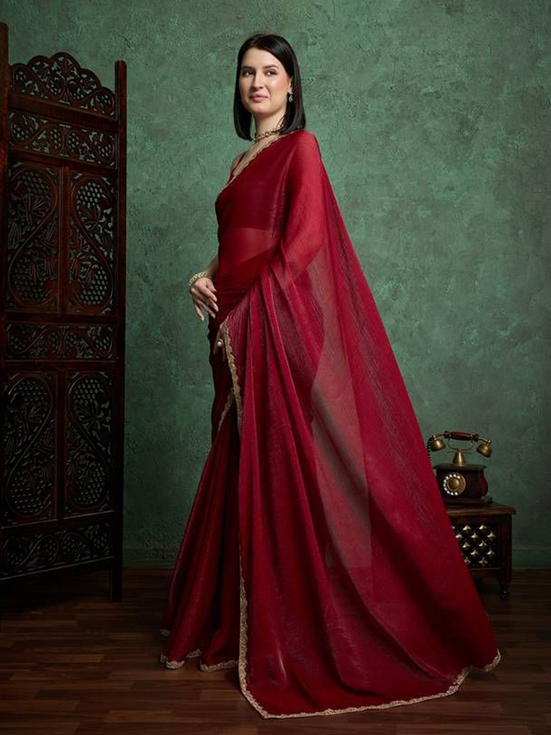 GHAN SALS Embellished Border Beads and Stones Saree