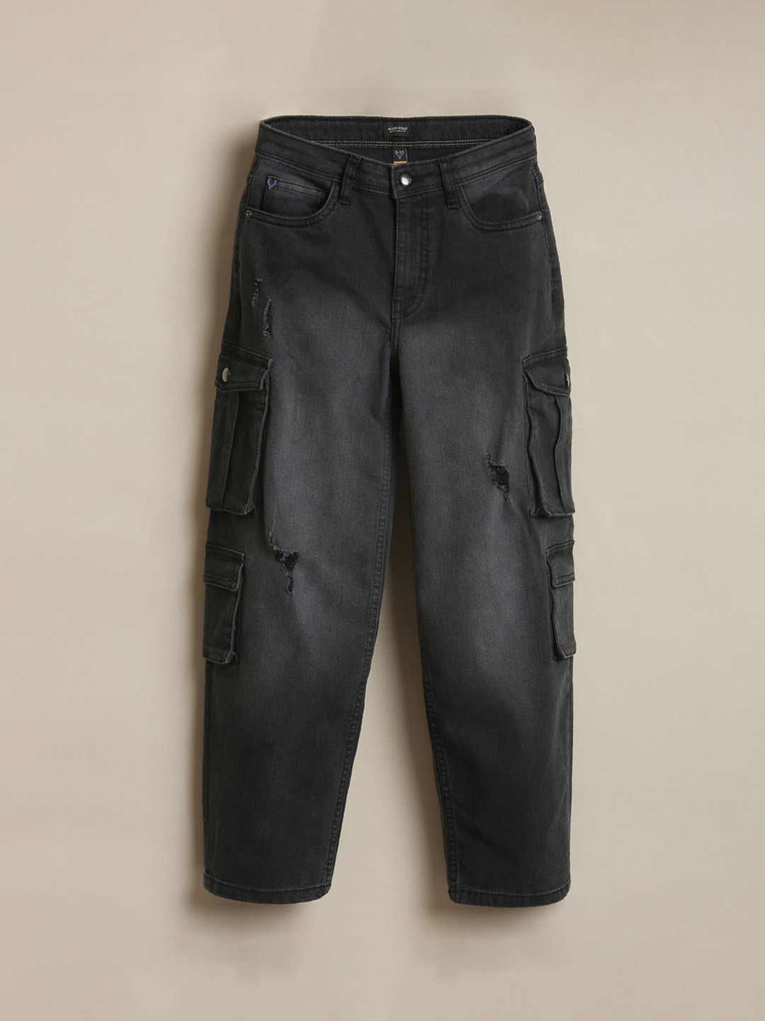 Allen Solly Junior Boys Relaxed Fit Mid-Rise Low Distress Light Fade Cargo Styles Jeans
