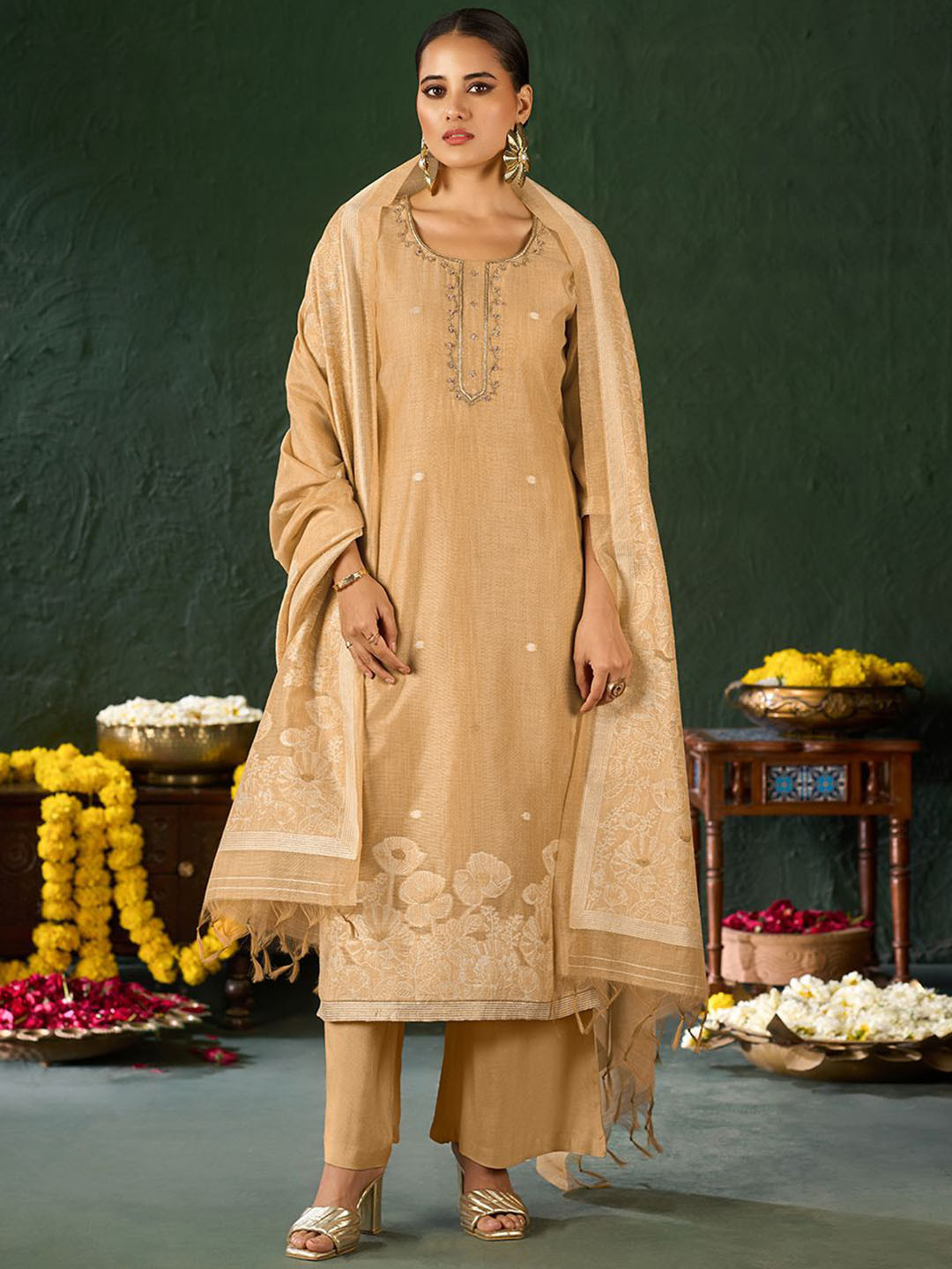 Shaily Women Floral Embroidered Handwork Kurta with Palazzos & Dupatta