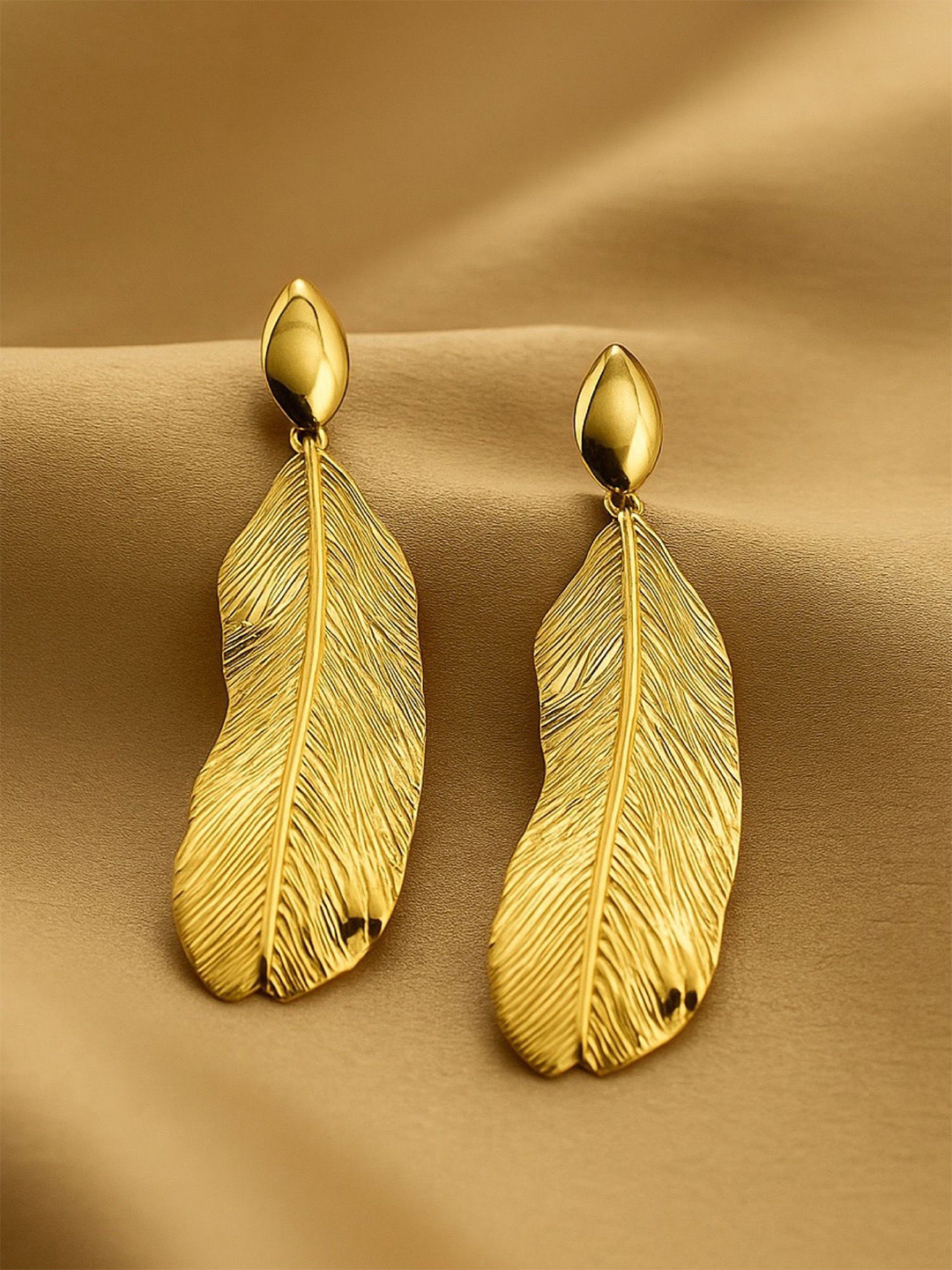 Digital Dress Room Gold-Plated Feather Shaped Drop Earrings
