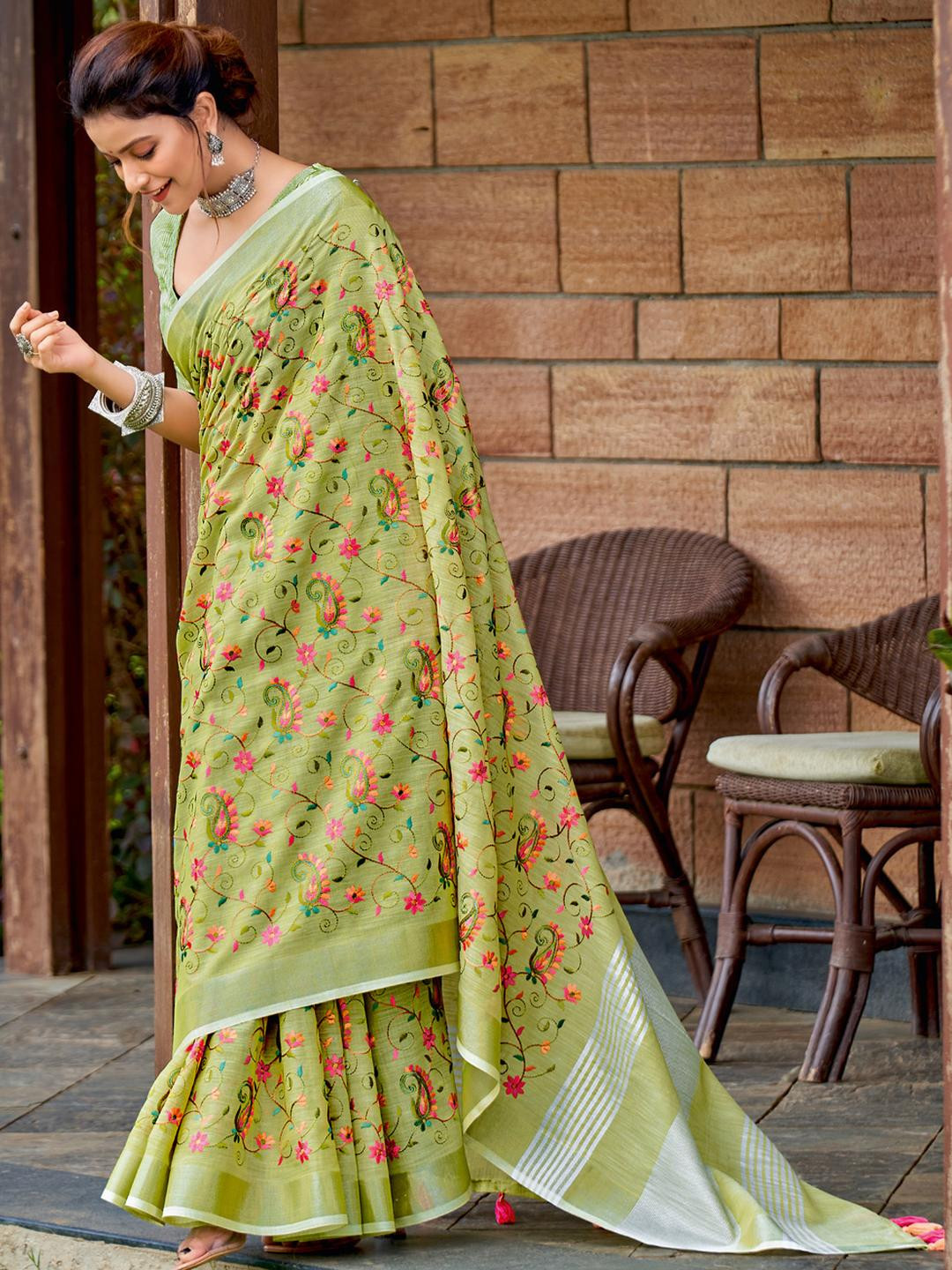 KALINI Olive Linen Blend Printed Sarees