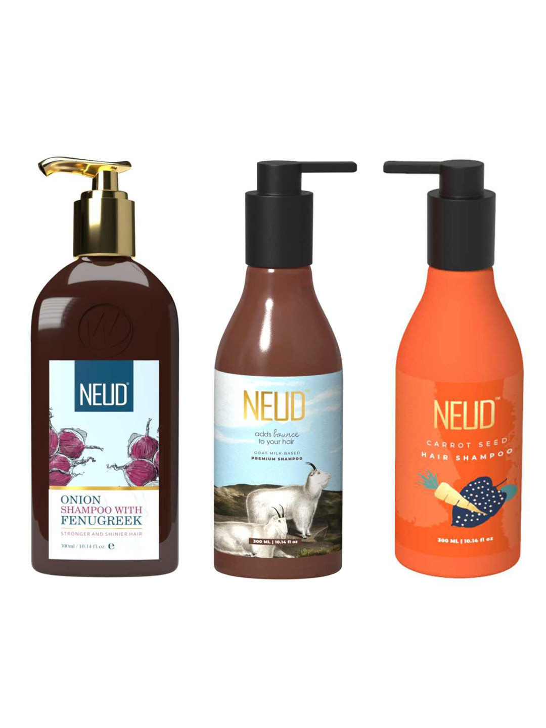 NEUD Set of 3 Hair Shampoo 300 ml each - Carrot Seed + Goat Milk + Onion