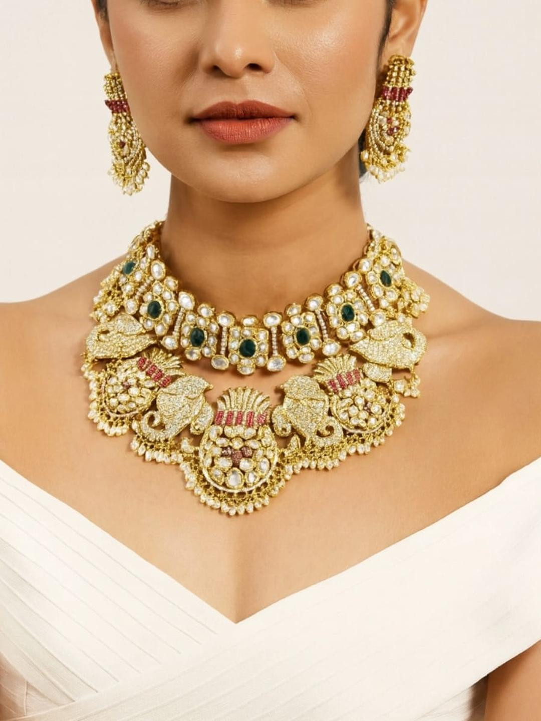 NATURAL Women Kundan Studded Gold Plated Double Layered Temple Jewellery Set