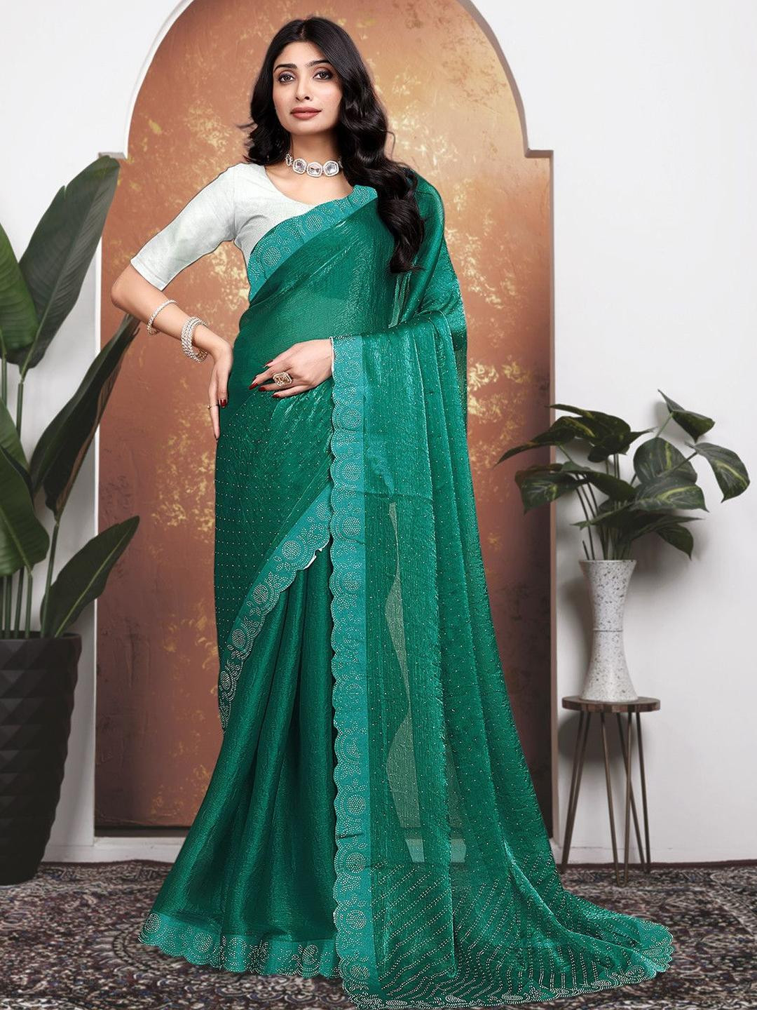 KANOODA Embellished Beads and Stones Organza Saree