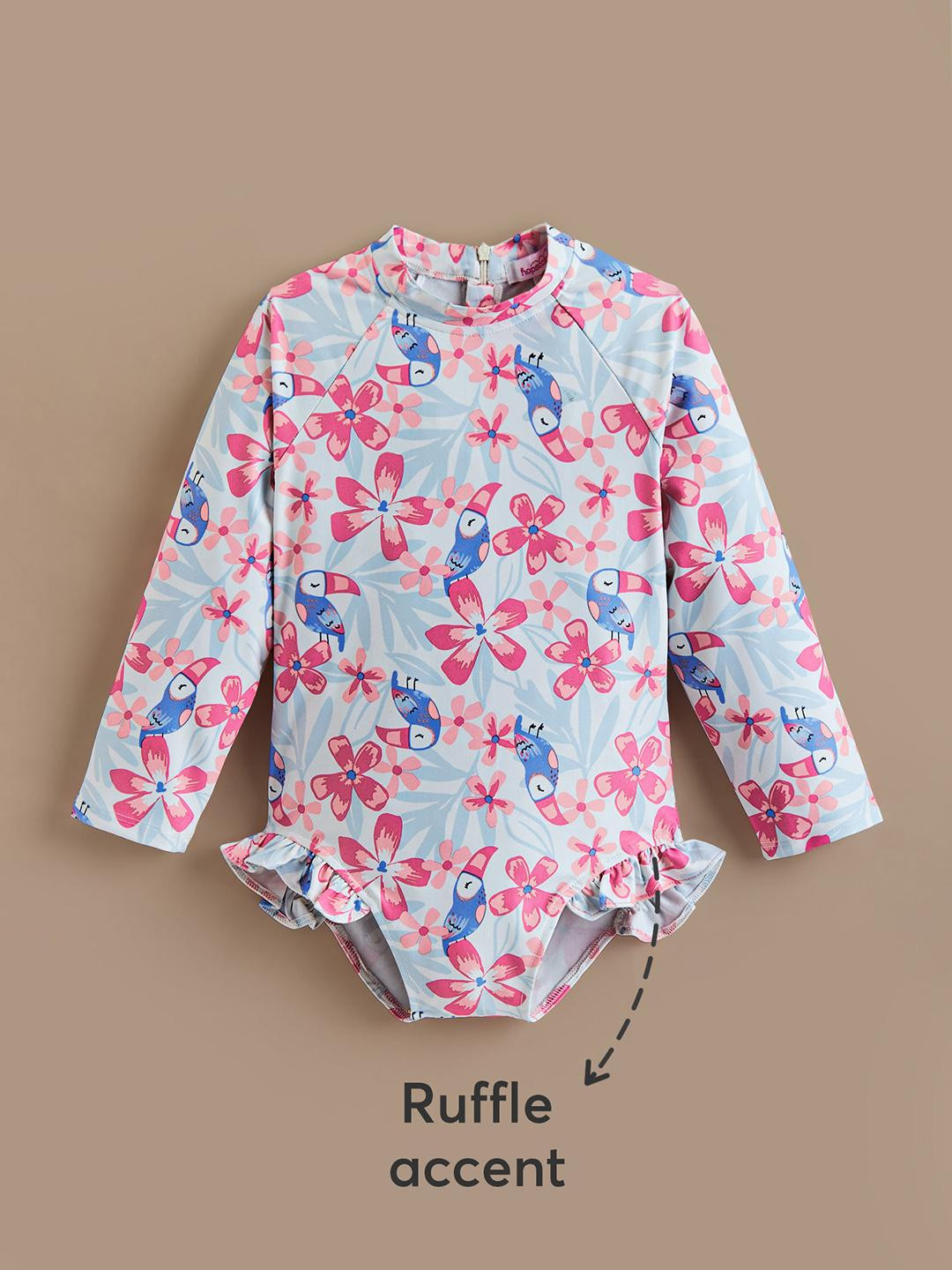 Hopscotch Girls Tropical Toucan Print Full Sleeves Swimsuit with Ruffle Detail