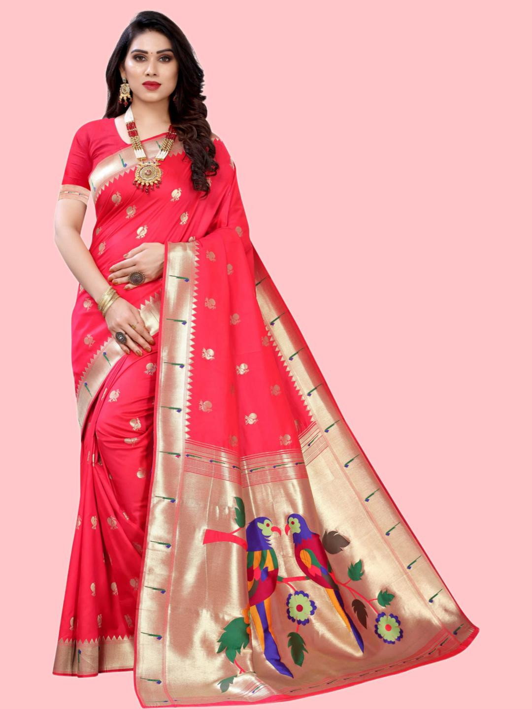 Peach Paithani Woven Design Saree And Has a Zari Border Blouse Piece