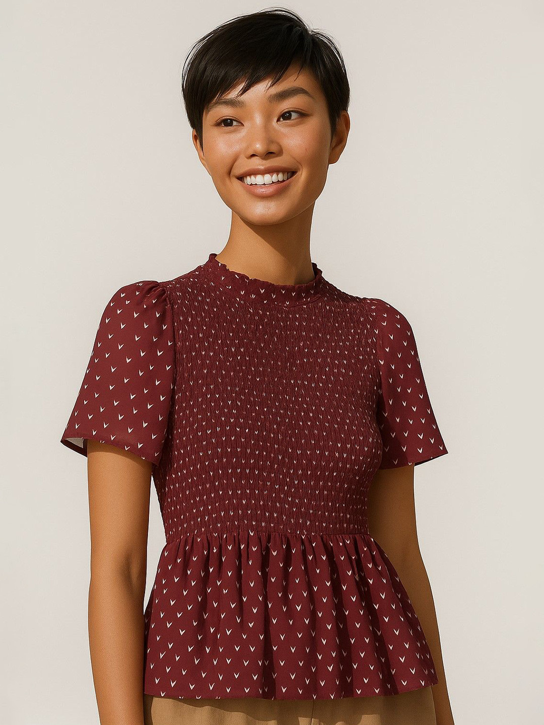 sollobell Women Polka Dot Smocked Kimono Sleeve Crop Top