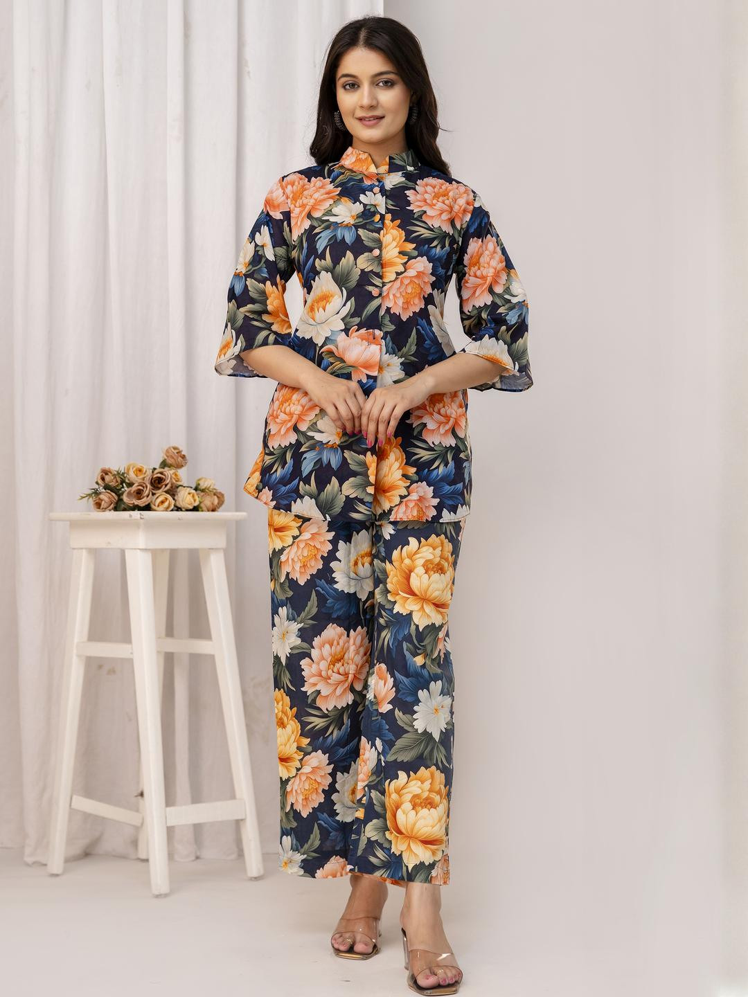 Anouk Women Floral Half-Buttoned Pure Cotton Printed Co-ord Set