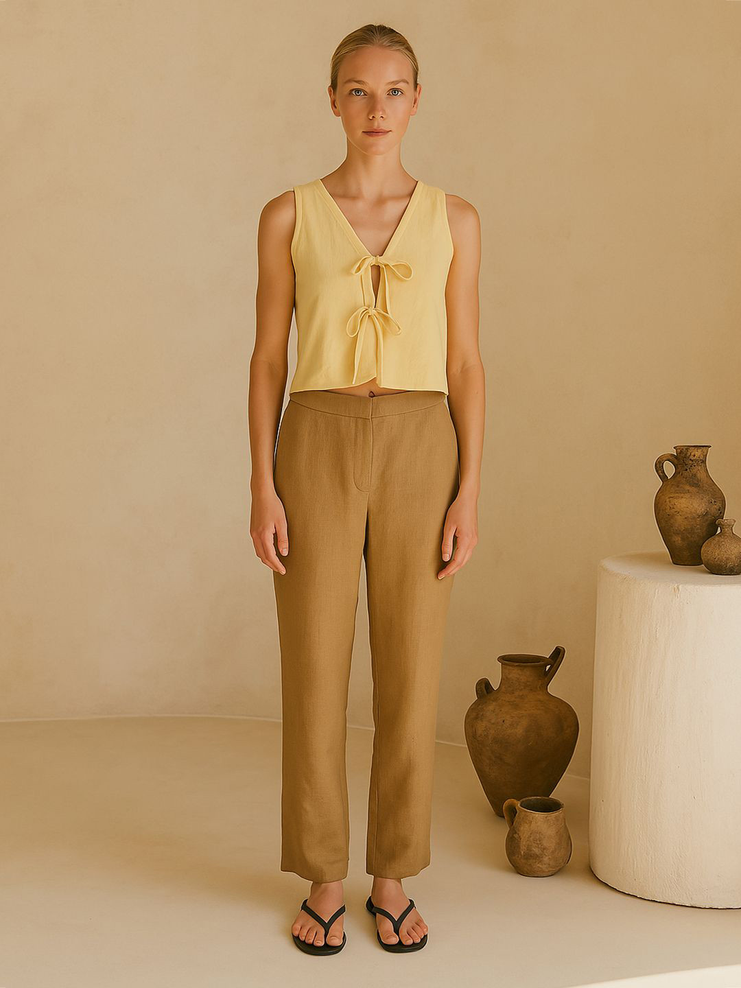 bebe Butter Yellow Sleeveless Front Tie-ups Top