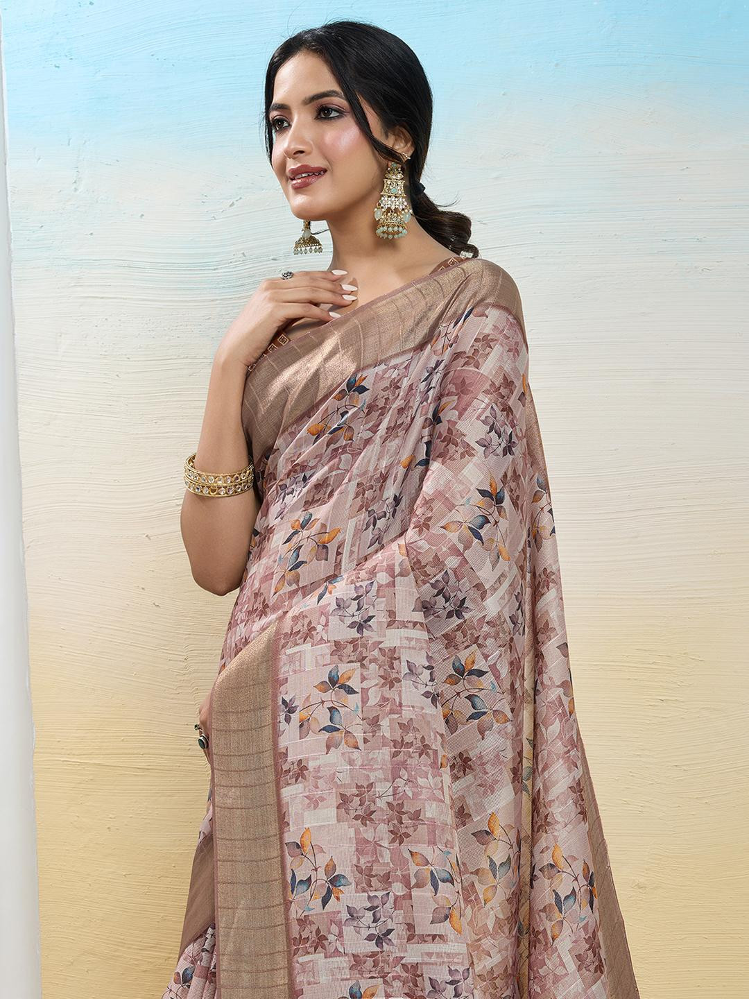 DIVASTRI Peach Tissue Woven Design Sarees