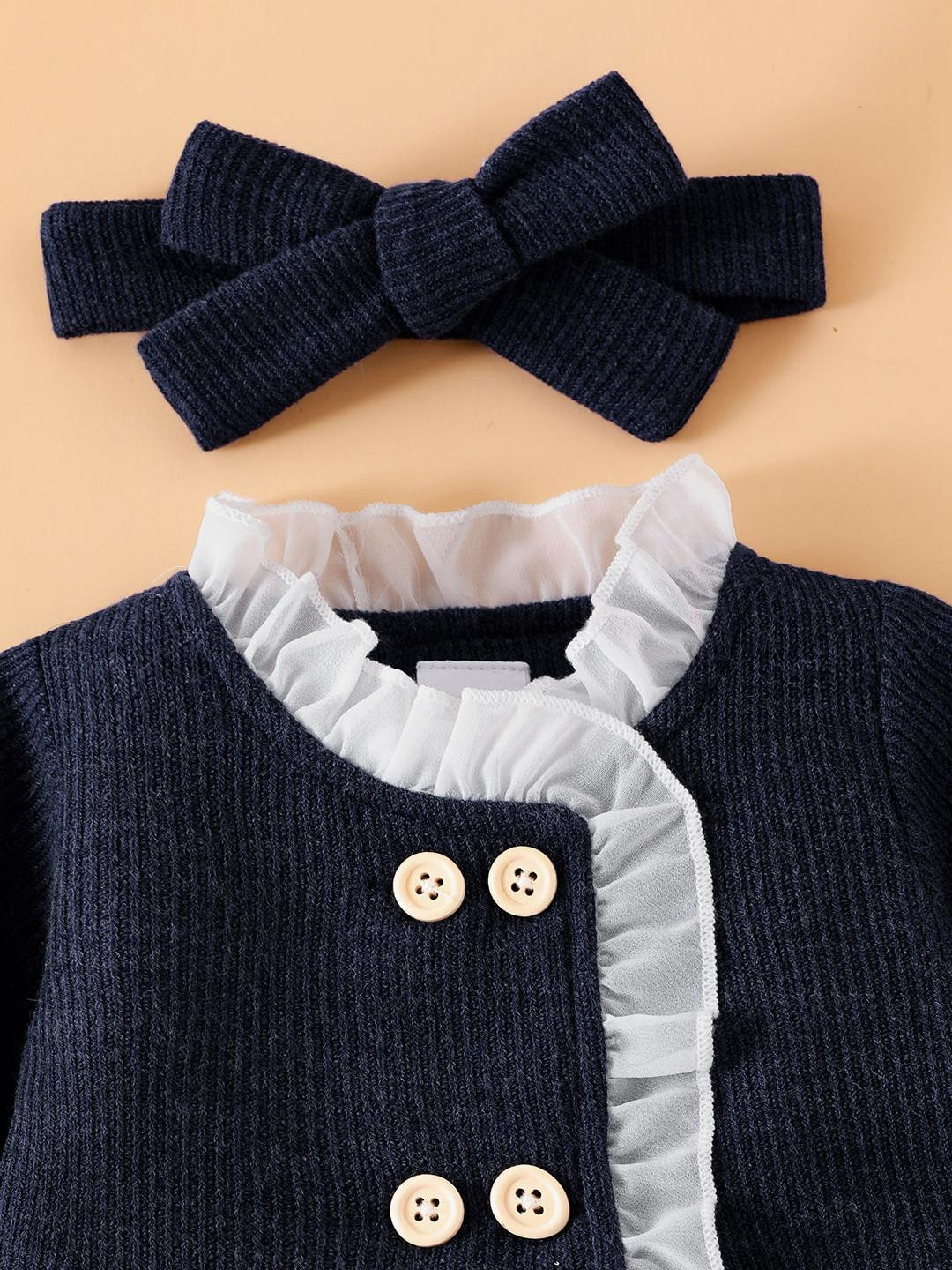 Hopscotch Girls Navy Blue Textured Ruffled Long Coat