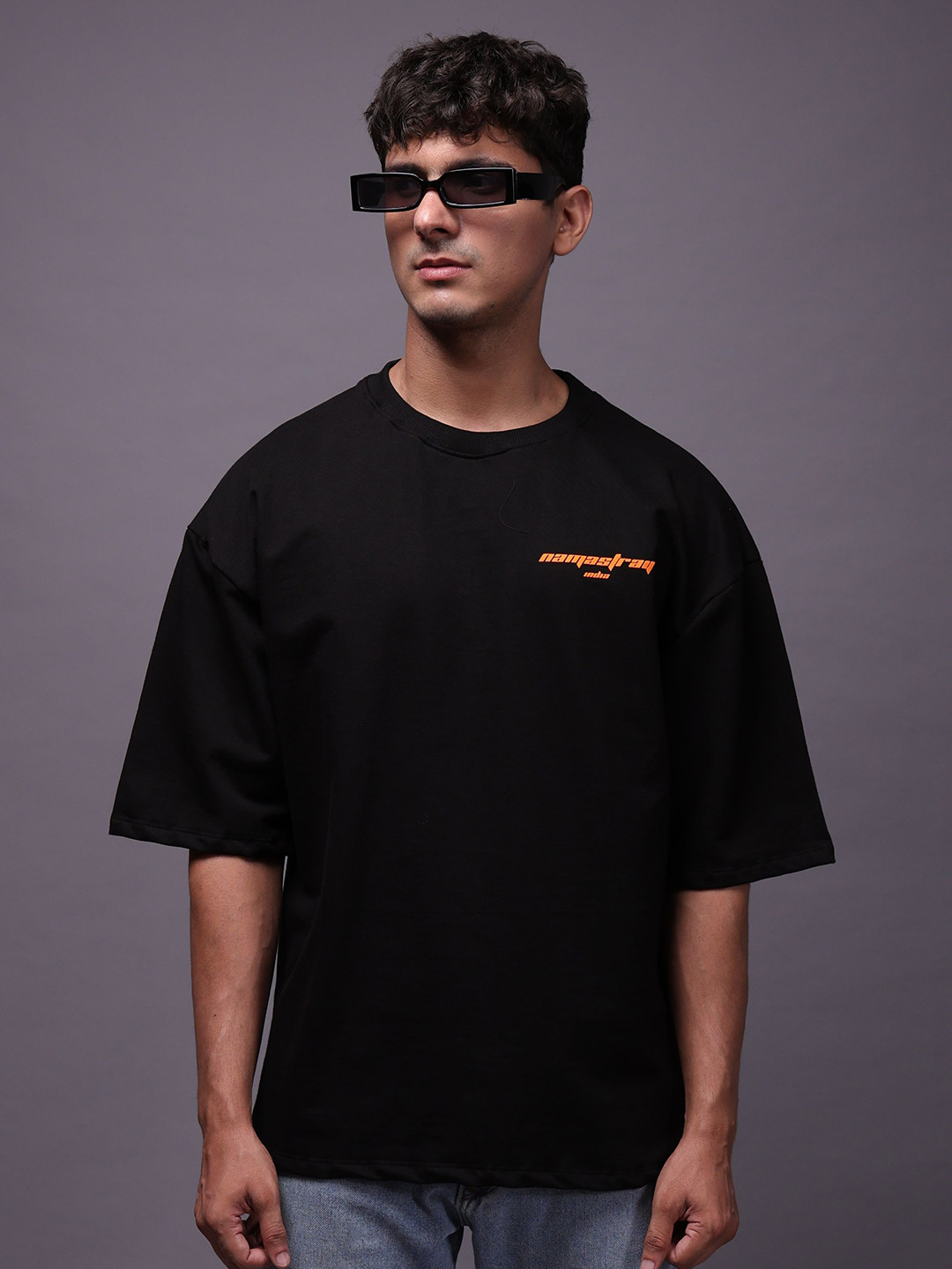 NAMASTRAY Men Typography Printed Round Neck Pure Cotton Oversized T-shirt