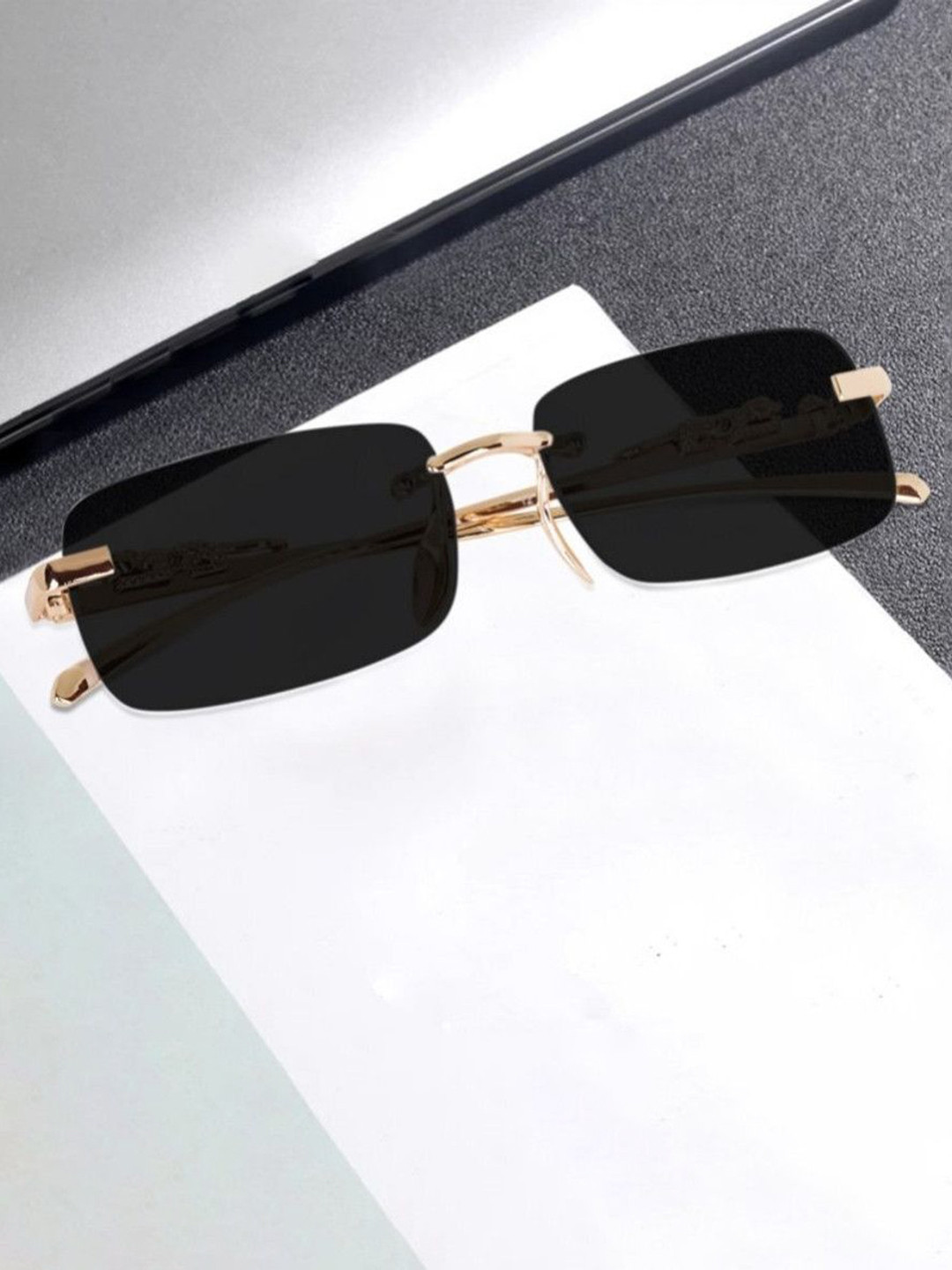 SPADEACES Unisex UV Protected Lens Rectangle Sunglasses Karan Gold Black -66