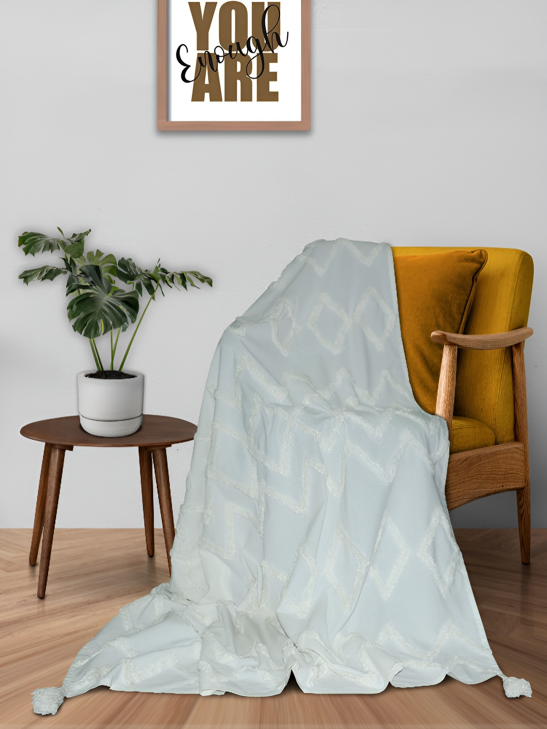 HOME COLORS.IN Grey & Off White Self-Designed Pure Cotton Tasseled Throws