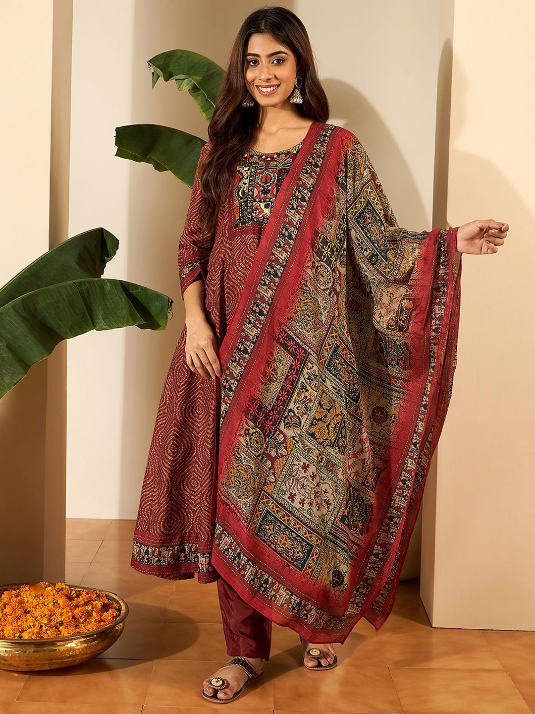 Inddus Women Bandhni Printed and Thread Embroidered Anarkali Kurta Set with Dupatta