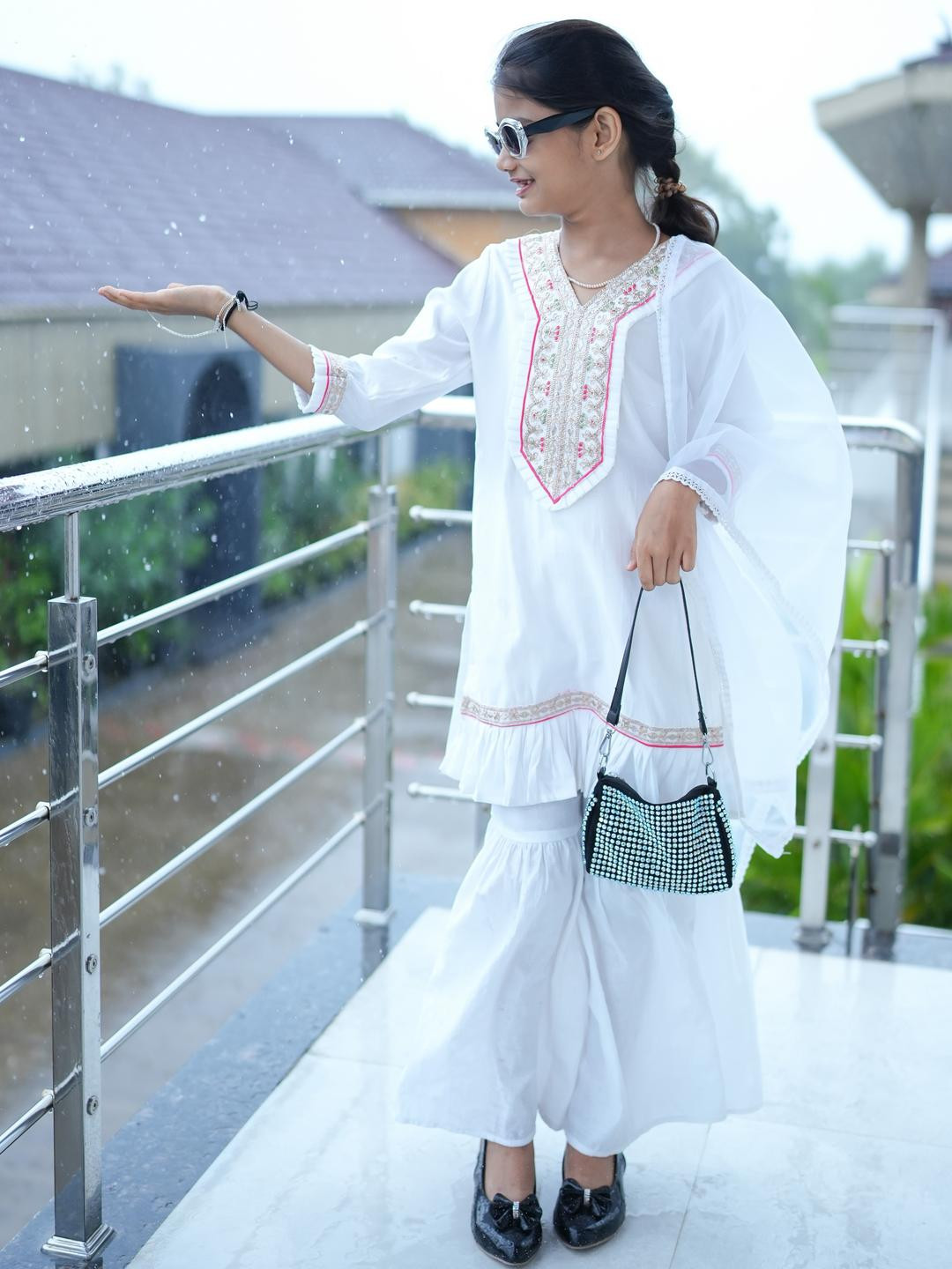 Sangria Girls White Embroidered Kurta with Sharara & Dupatta Set