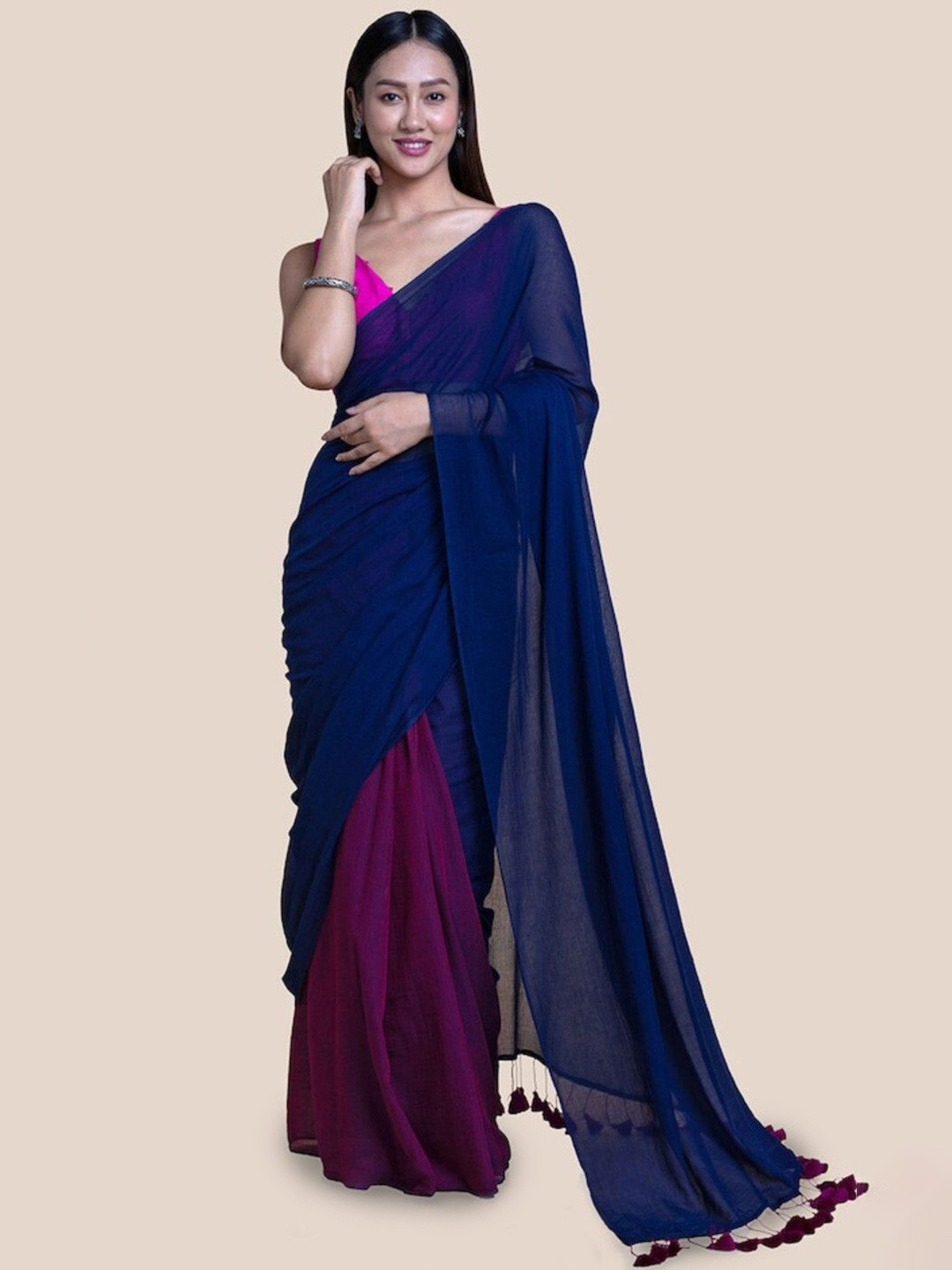 Saree star Colourblocked Half and Half Taant Sarees