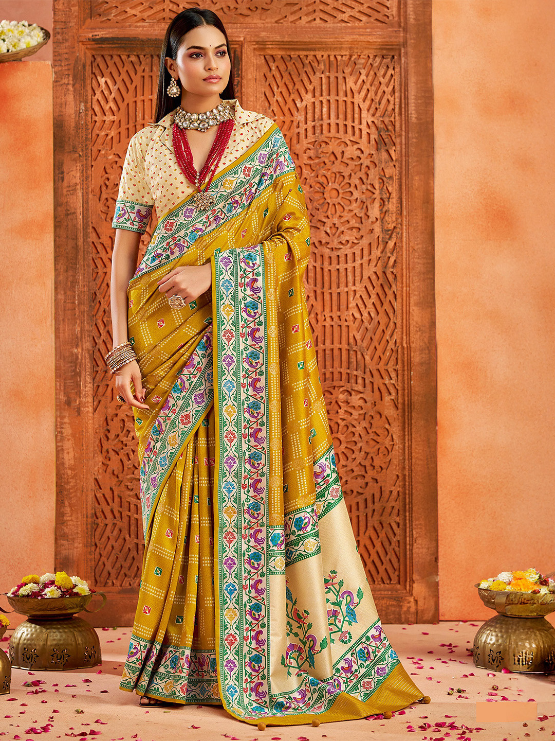 TIRA Ghatchola Printed Paithani Saree With Blouse Piece