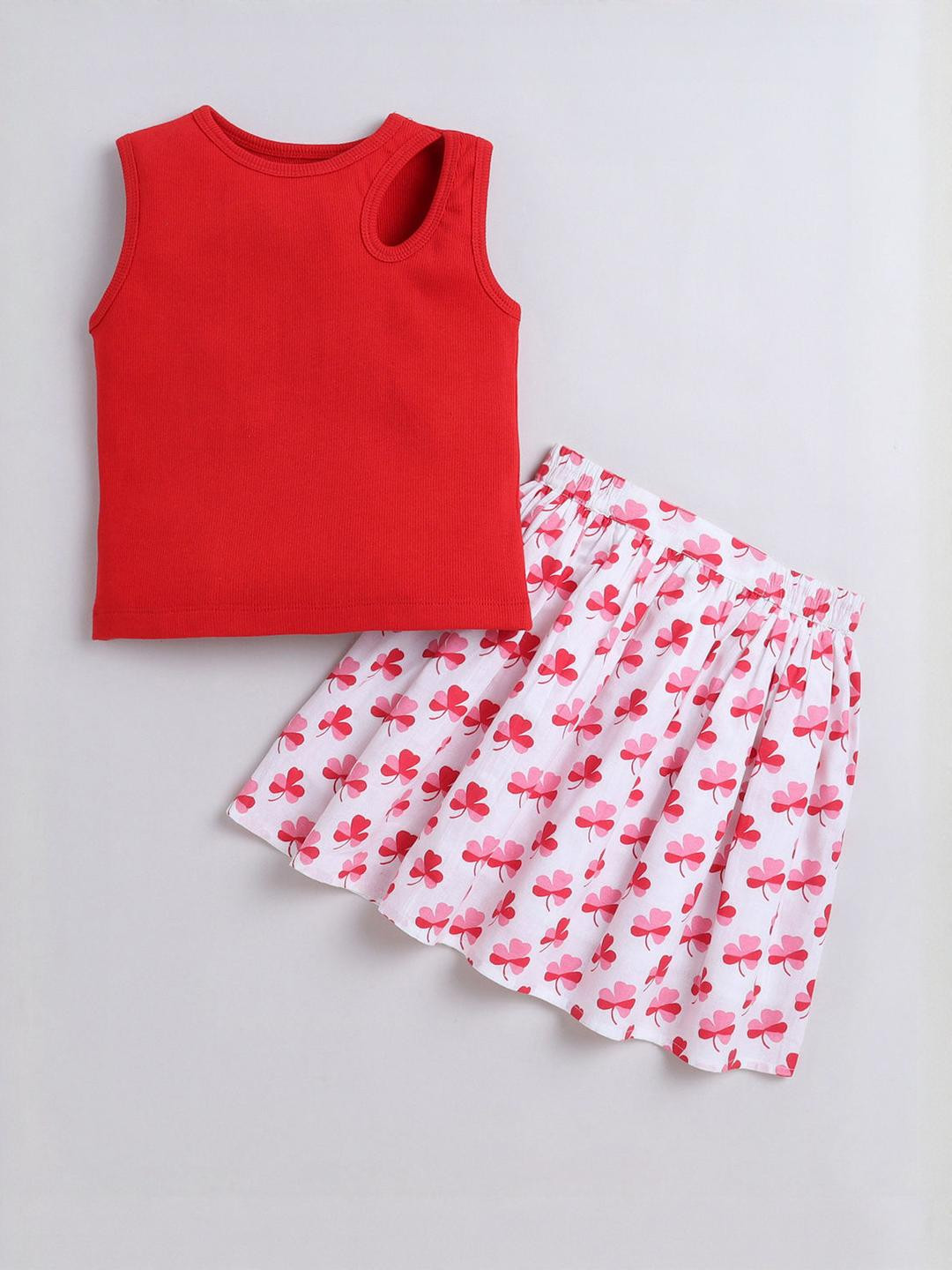 2-Pc Cotton Floral Blouse & Skirt