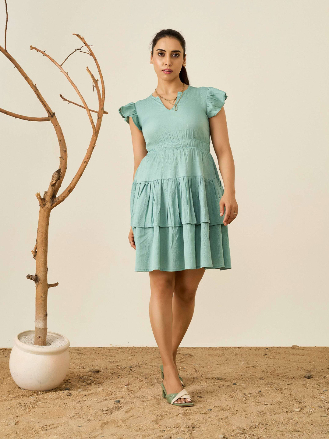 R.Code by The Roadster Life Co. Women Short Flutter Sleeve Layered Fit & Flare Dress